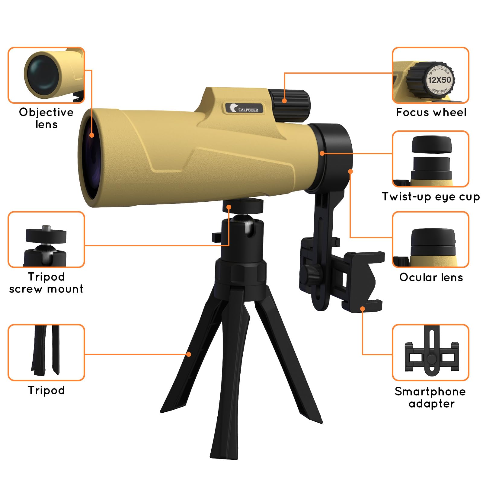 Calpower 12X50 Monocular Telescope High Powered For Adult - Compact Zoom Hd Monocular With Smartphone Adapter&Tripod - Bak 4&Fmc Lens Waterproof Monocular For Hunting, Hiking, Bird Watching, Camping Traveling