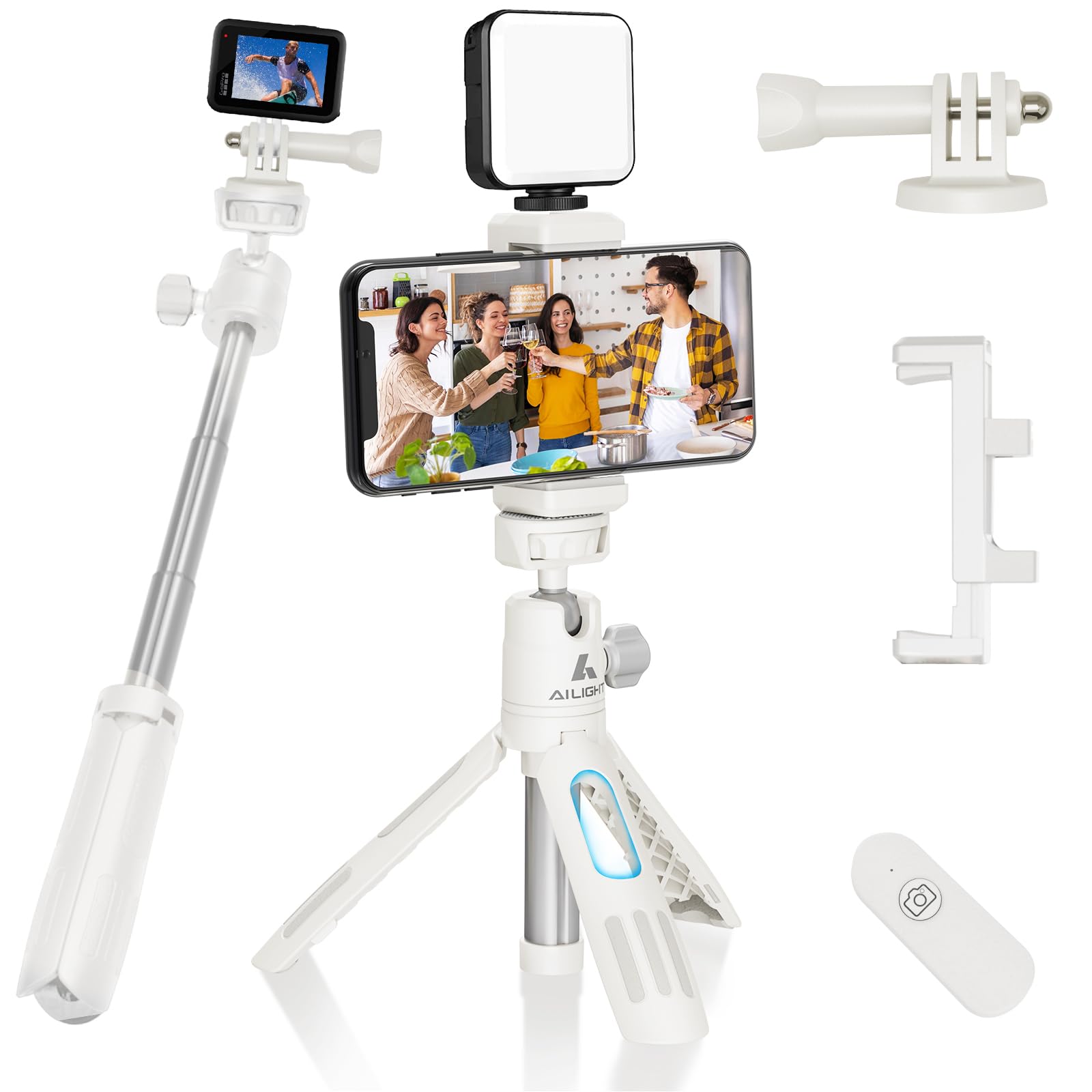 Ailight 11.2'' Mini Phone Tripod, Portable Bluetooth Selfie Stick With Wireless Remote For Video Recording- Extendable Tripod Stand With Adjustable Phone Holder & Camera Adapter(Off-White)
