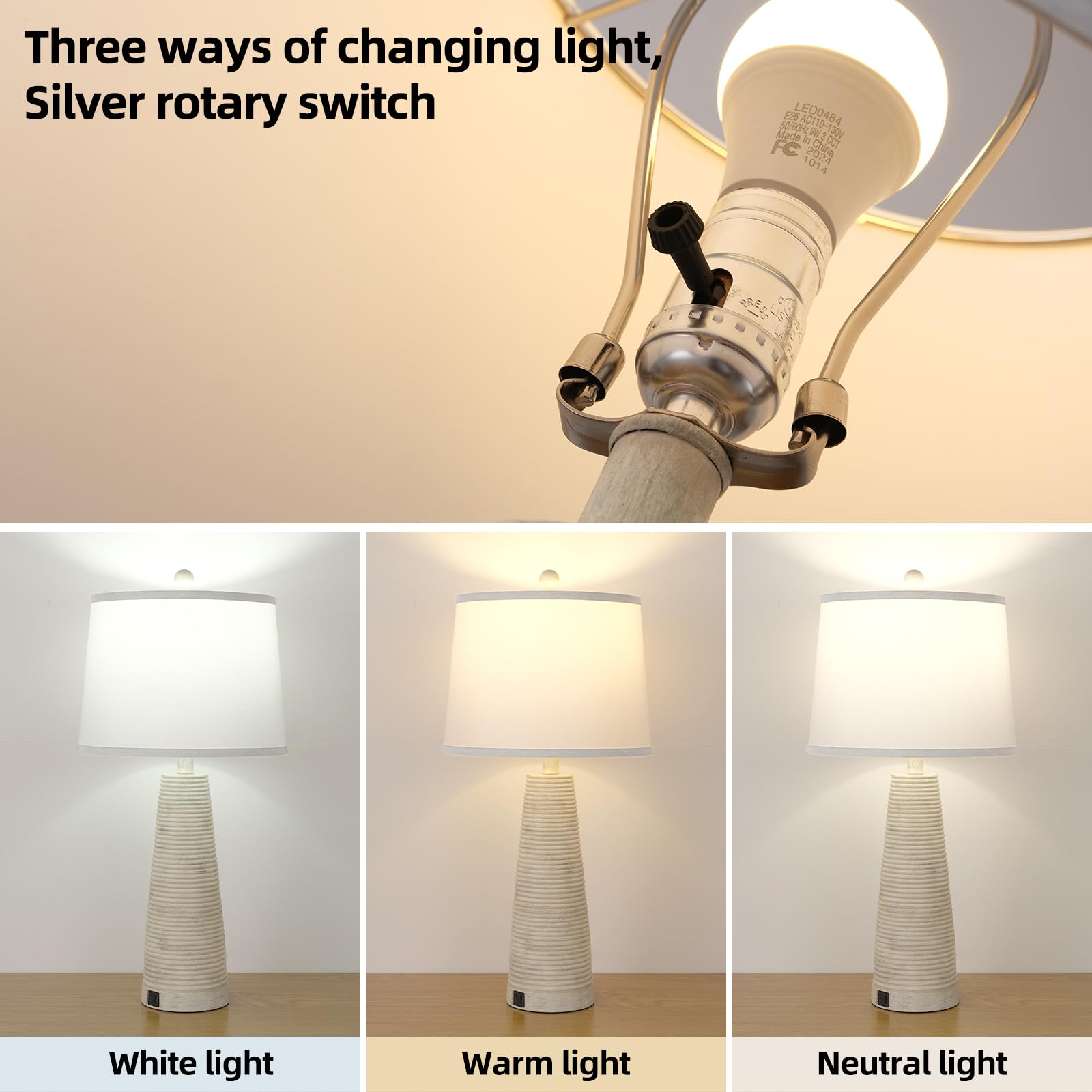 Terpsichore Bedside Lamps Set Of 2 Nightstand Lamp Desk Lamps Vintage Rustic Farmhouse Table Lamp 3 Way Dimmable Light,Suitable For Living Room Bedroom,With Linen Shade Led Bulb,Usb A+C Port