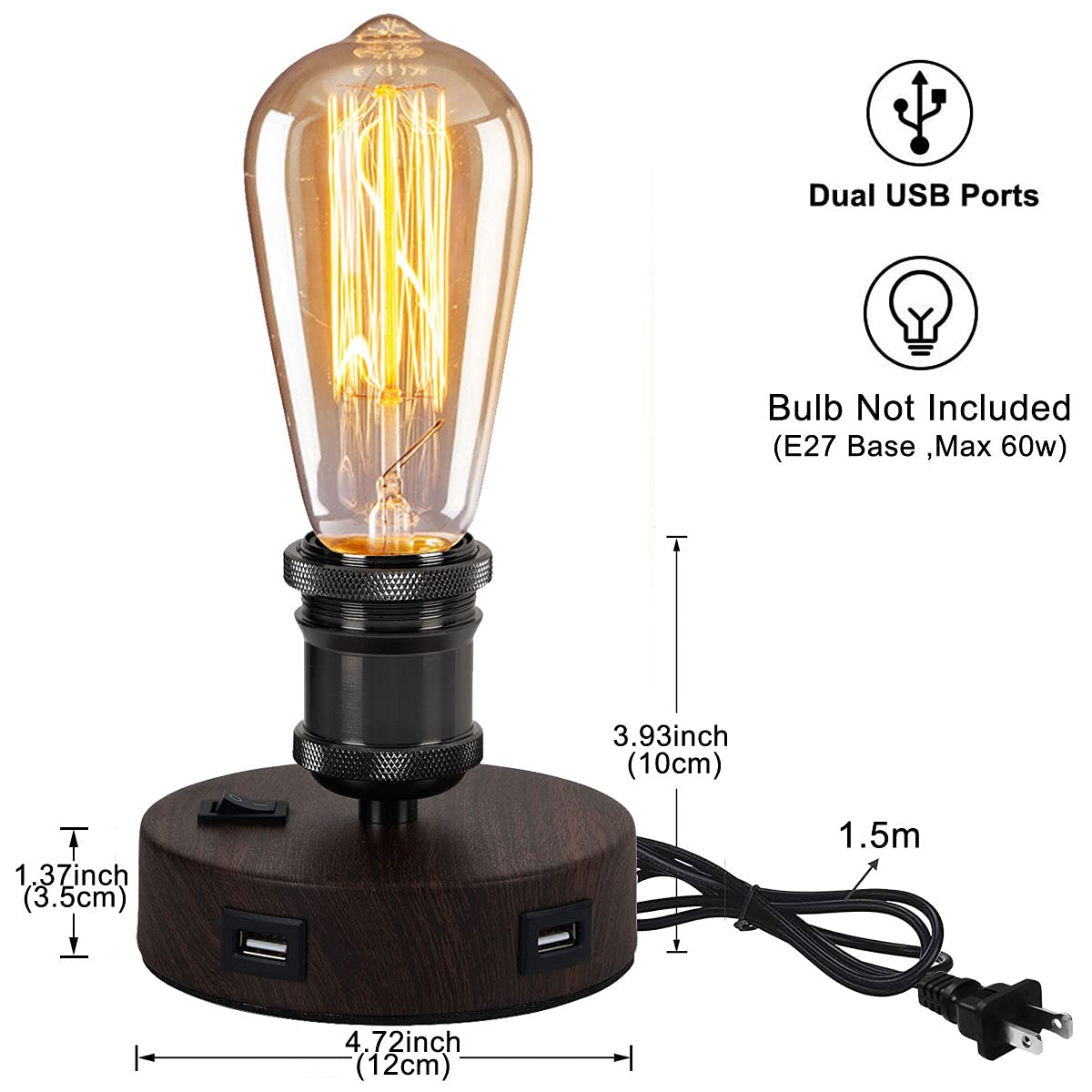 Jorunhe Usb Bedside Lamp, Industrial Table Lamp With 2 Usb Ports, Small Vintage Desk Lamp For Bedroom, Office, Living Room (Without Bulb) (Brown)