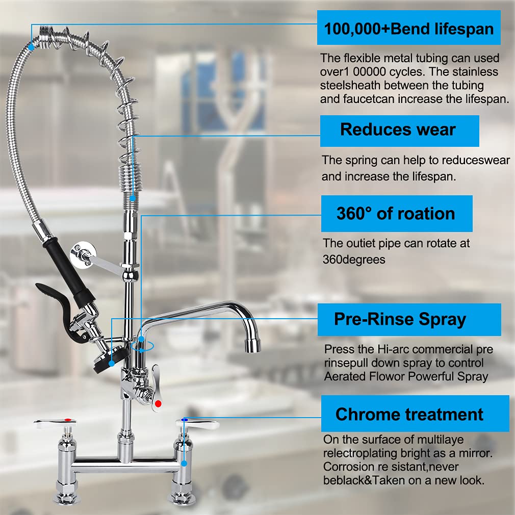 Xiube Commercial Sink Faucet With Pre Rinse Sprayer, 8 Inch Center 27 Inch Height Deck Mount Commercial Kitchen Sink Faucet With 12Inchswing Spout Fit For Kitchen Restaurant, Brass Chrome