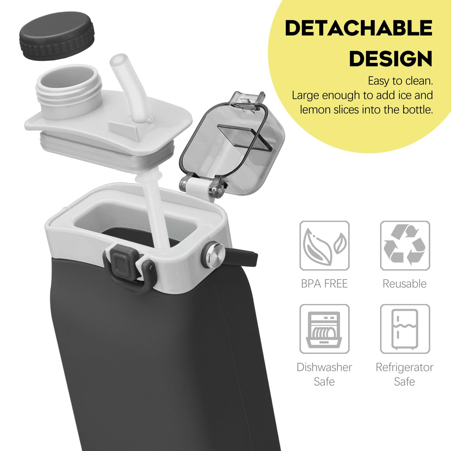 Collapsible Water Bottles, 20Oz Silicone Reusable Water Bottle With Straw And Strap, Leakproof Fold