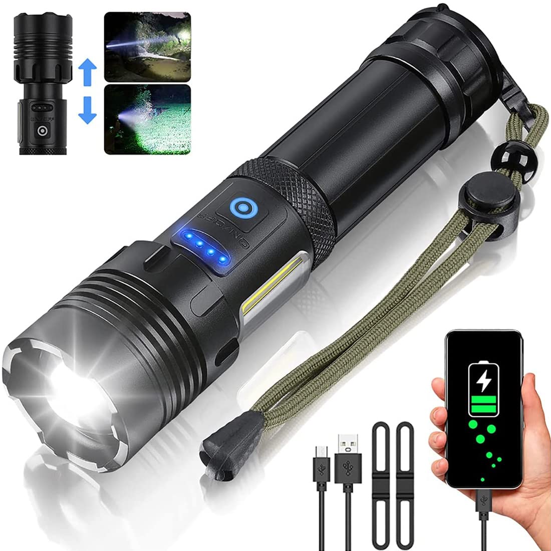 Inhdbox Rechargeable Led Flashlight High Lumens, 120000 Lumen Xhp70.2 Super Bright Handheld Tactical Flashlight, Zoomable, Ipx6 Waterproof, 7 Modes For Camping Emergency