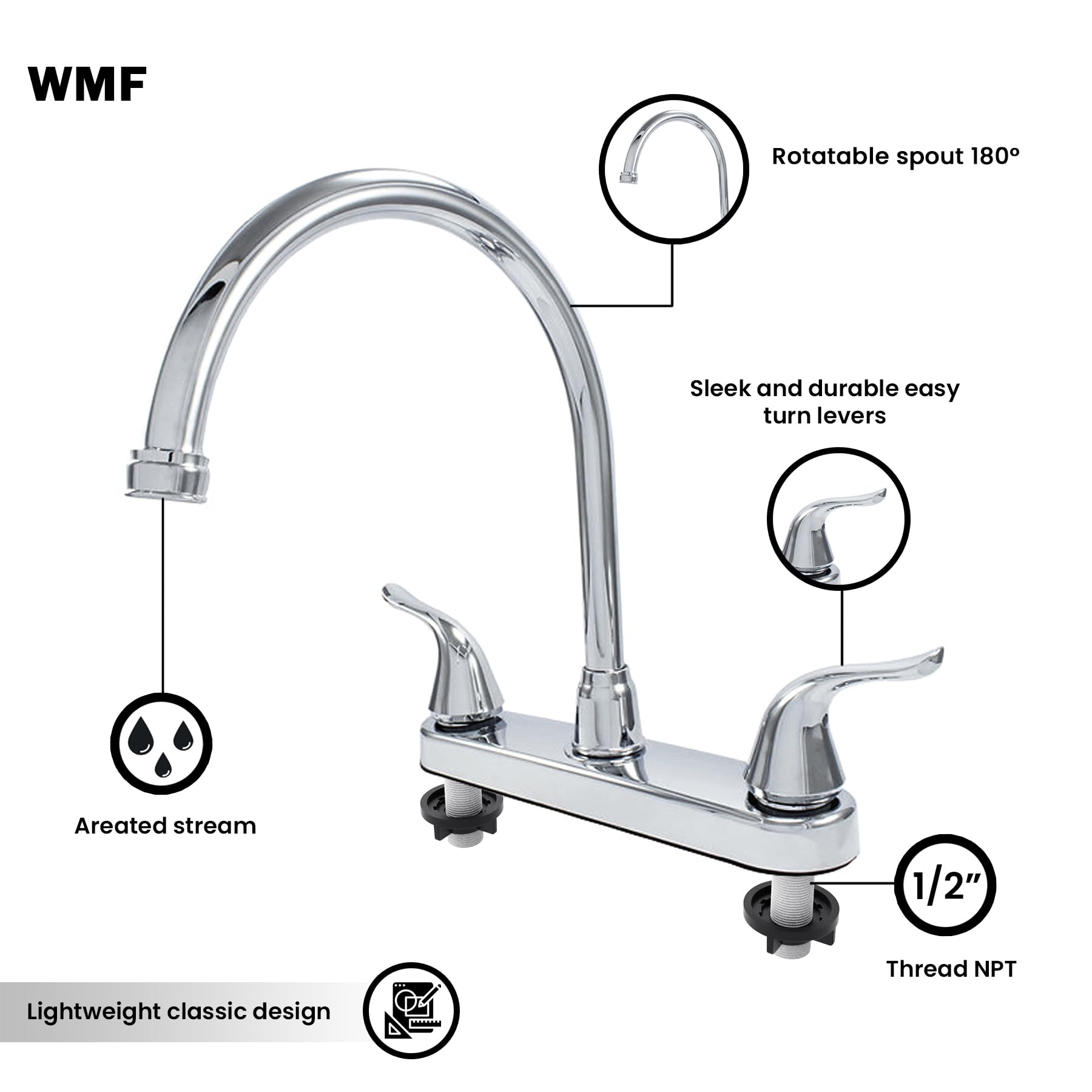 Wmf Rv Kitchen Sink Faucet With Side Spray, Full Swivel High Spout, Double Handle Kitchen Faucet, Chrome, For Mobile Home, Travel Trailer, Camper, Motorhomes, Camping Essentials, Rv Must Haves