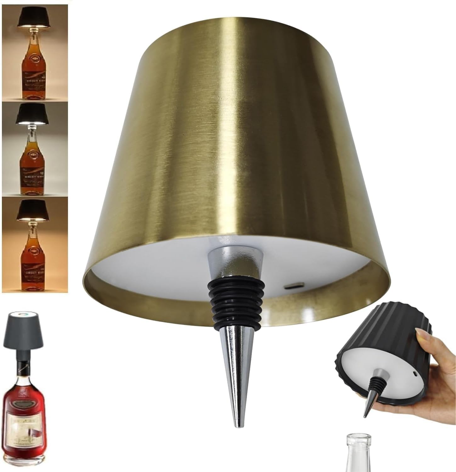 Yinhamnl Cute Led Wine Bottle Lamp,3 Color Wireless Bottle Table Lamp, Touch Control Wine Bottle Night Light, Rechargeable Led Bedside Lamp, Embed Portable Bottle Lights For Livingroom/Restaurant/Bar (Gold)