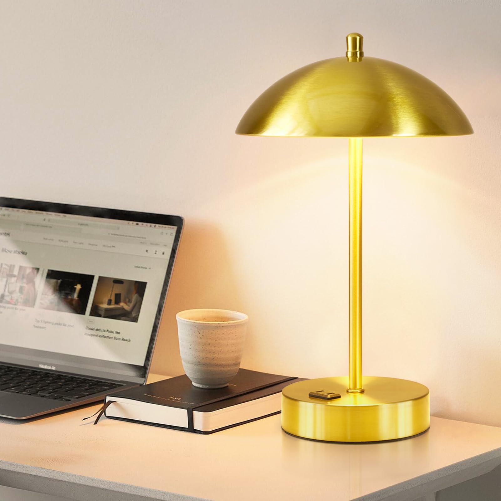 Ejiaxin Modern Led Desk Lamp With Ac Adapter,12" 3-Way Dimmable Touch Bedside Reading Lamp, Minimalist Gold Small Nightstand Table Lamp With Mushroom Dome Shade For Bedroom Living Room Office, Bulb Included