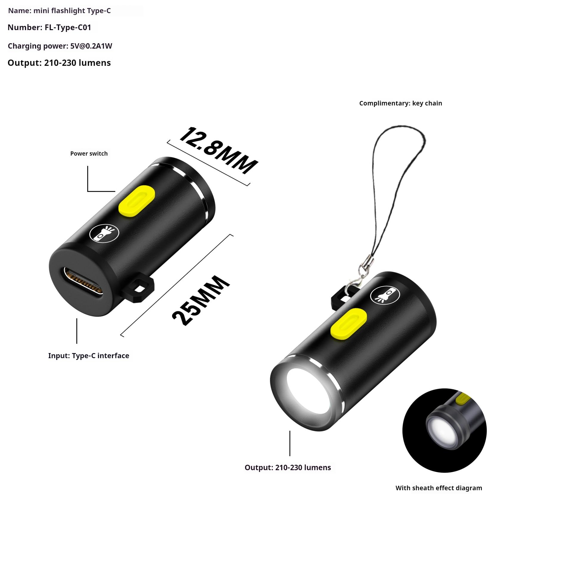 Fastelectric Usb C Mini Glare Torch Usb Type C Emergency Llluminated Lamp, 5V 1W, Aluminium Alloy, Shell With Keychain Lanyard, For Camping Outdoor, 2Pcs