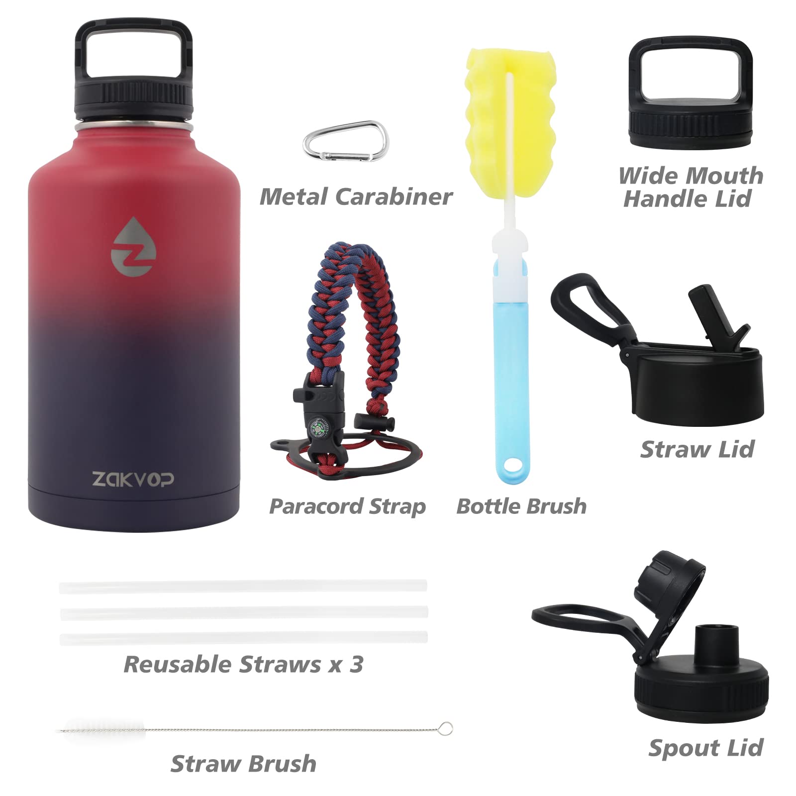 64 Oz Insulated Water Bottle With Straws&3 Lids, Zakvop Half Gallon Water Bottle Stainless Steel
