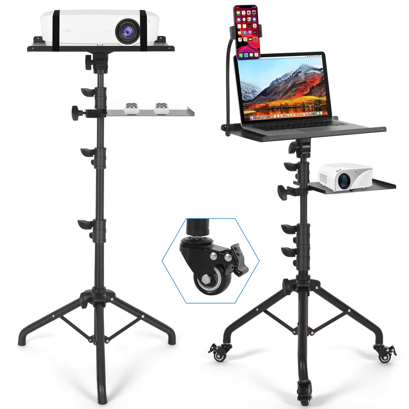 Tossbiss Laptop Tripod On Wheels With 2 Shelves, Portable Projector Floor Stand Adjustable Height 25.9 To 51.8 Inch With Phone Holder