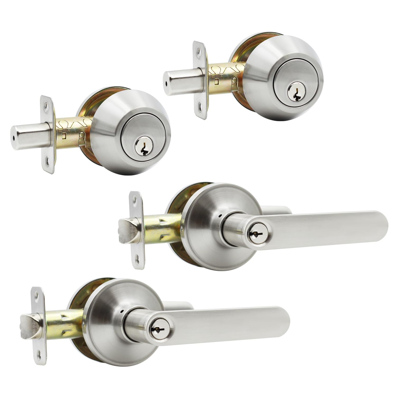 Solidware Entry Door Lock Set And Single Cylinder Deadbolt Combo,Keyed Alike Combination Sets Locksets, Satin Nickel Front Door Handle And Deadbolt Set (2 Pack)