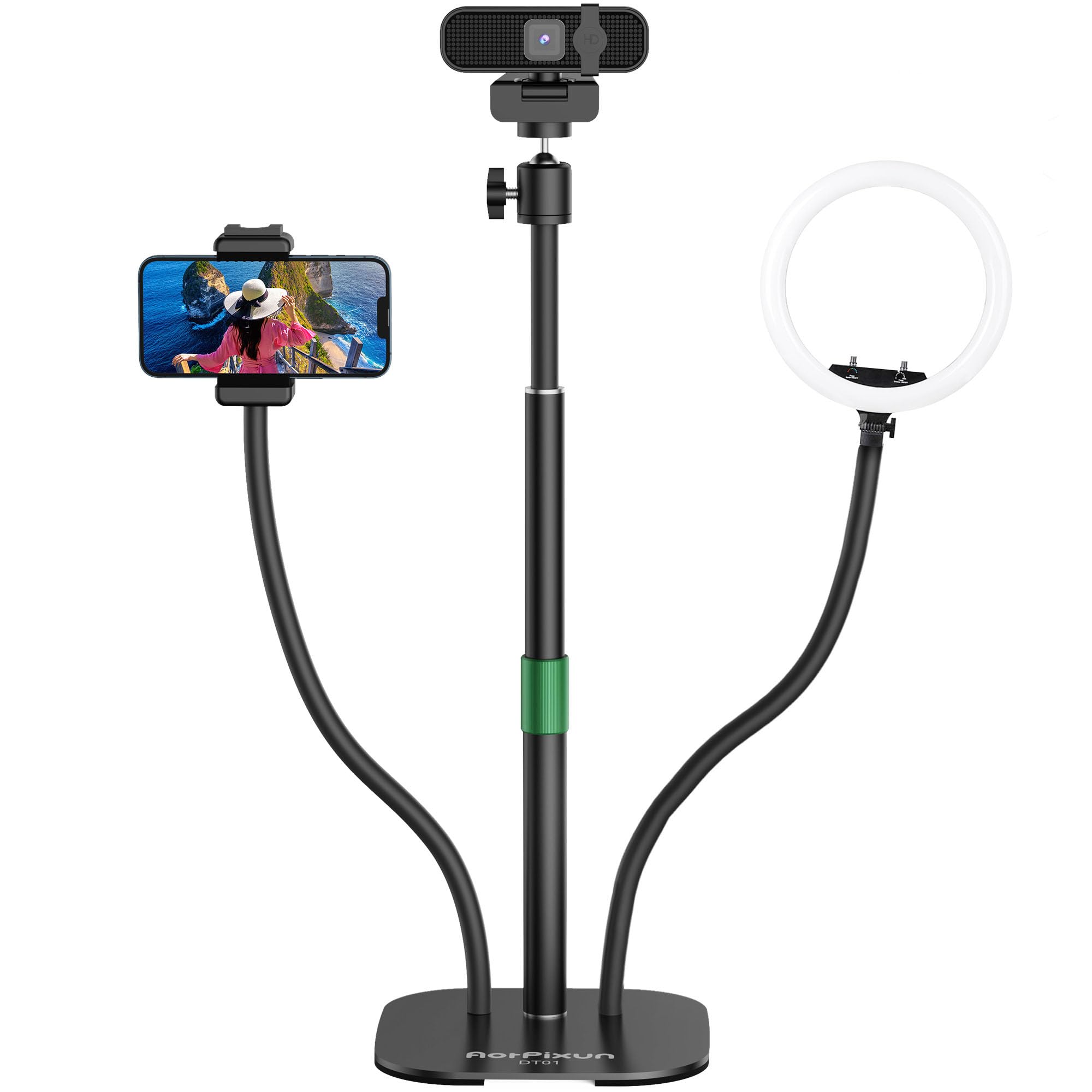 Aorpixun Webcam Stand For Desk 3 In 1 Flexible Webcam Mount Computer Camera Stand Desktop Microphone Stand With Phone Clip For Logitech Webcam Series, Ring Light, Phone, Mic And 1/4" Screw Device