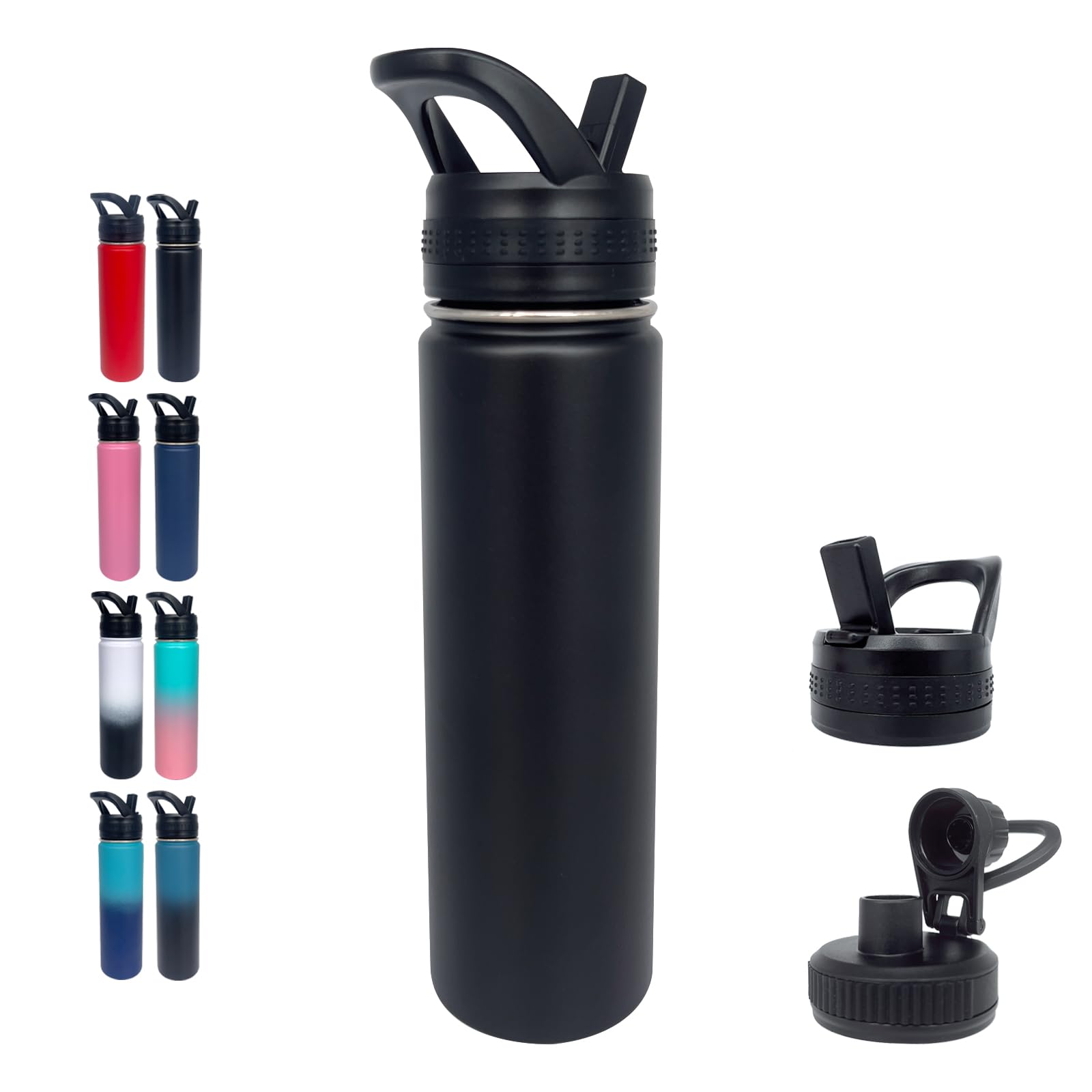 1Pack 22 Oz Insulated Water Bottle With Straw, Stainless Steel Sports Water Cup Flask With 2 Lids