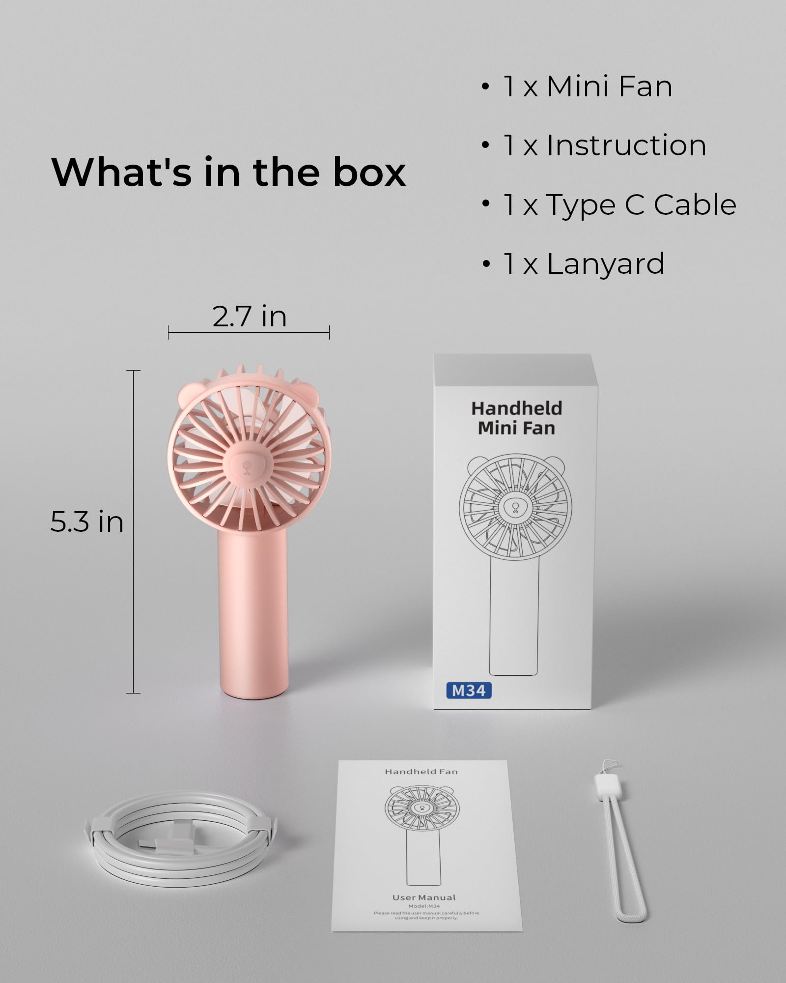 Mini Portable Fan, Handheld Fan with 3 Speeds for 2000mAh Battery USB-C Rechargeable, 3-Speed Quiet Operation, Stylish for Outdoors & Travel