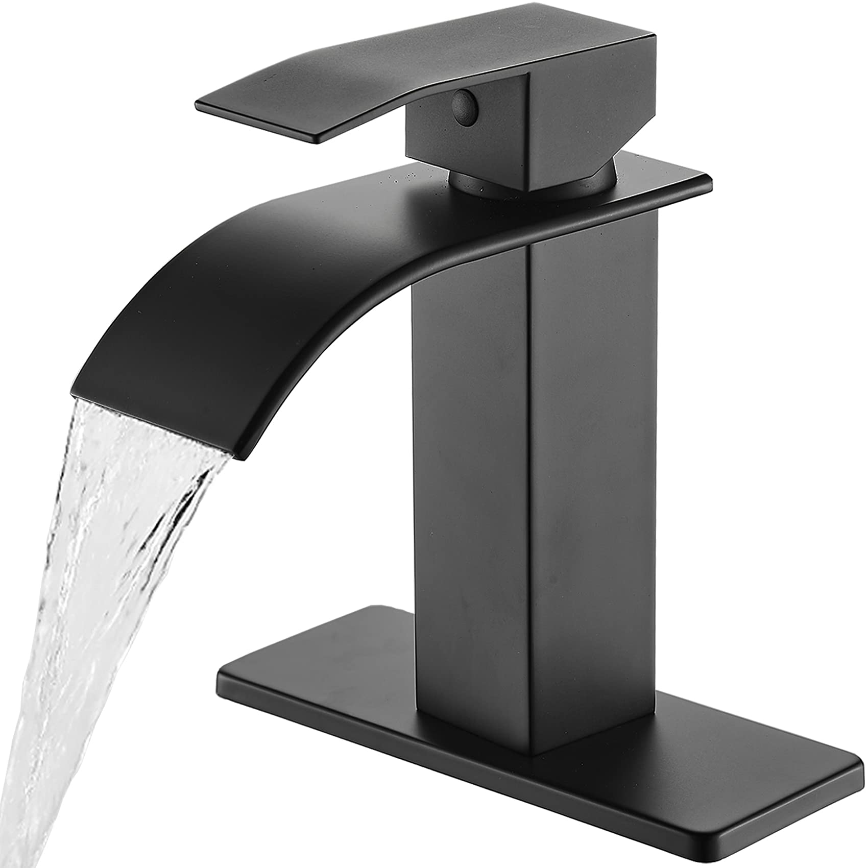 Matte black modern bathroom sink faucet with single handle, waterfall design, suitable for 1 or 3-hole installation