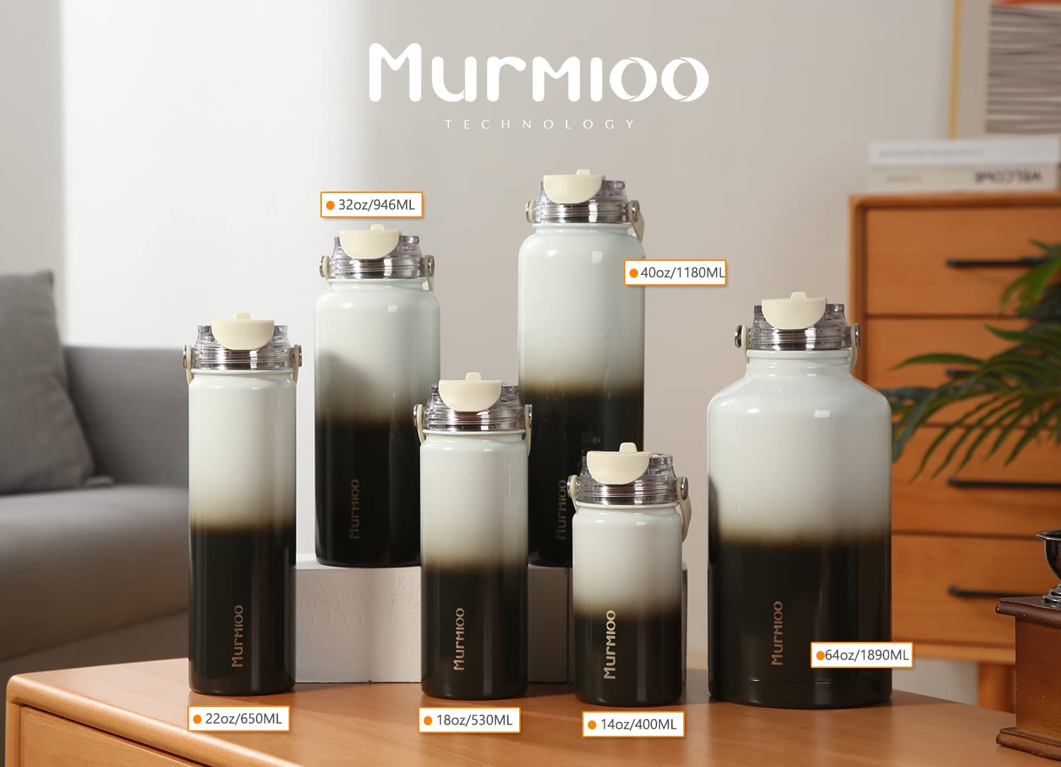 Murmioo Insulated Sports Water Bottle,2-In-1 Straw Lid(Straw & Directly Drinking Lids),Leak Proof