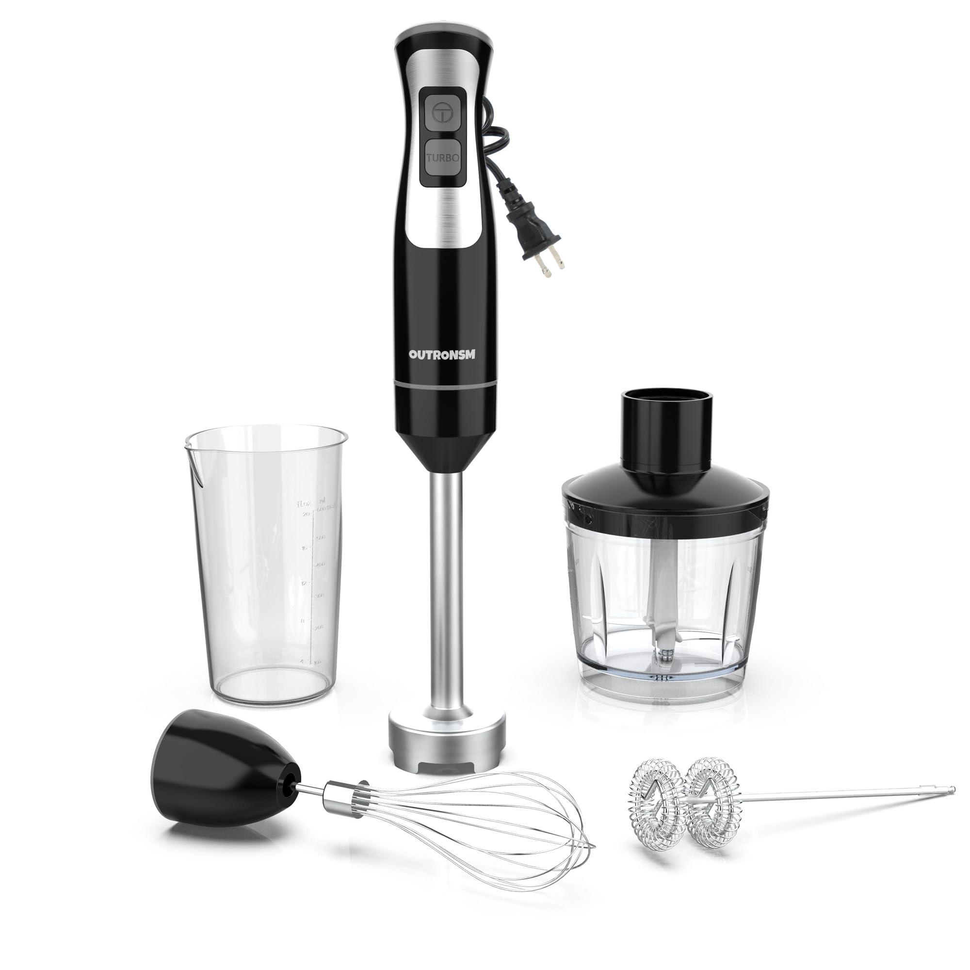 Outronsm Immersion Blender Handheld, Hand Blender With 500Ml Food Chopper, 600Ml Container, Milk Frother, Egg Whisk, Puree Infant Food, Smoothies, Sauces And Soups – Black