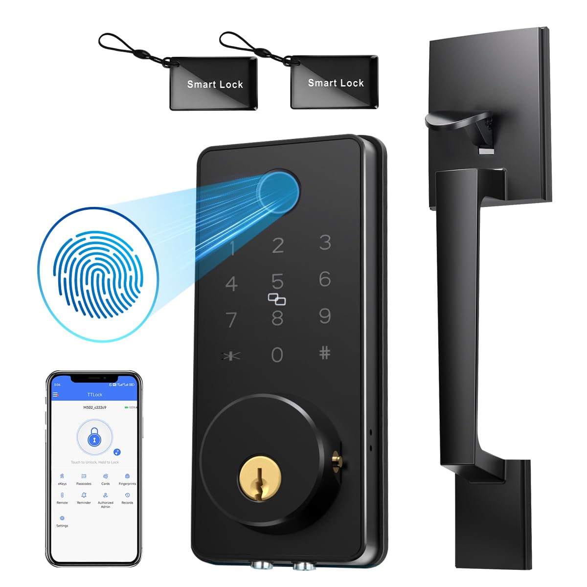 Blacksmith Keyless Entry Door Lock 0.1S Unlock Smart Door Locks For Front Door Set With Front Door Handle, App Unlock, Easy Installation For Front Doors, Hotels, Vacation Rental Homes, Property