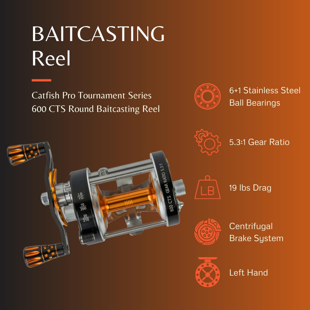 Catfish Pro Tournament Series 600Cts Round Baitcasting Reel - 6+1 Stainless Steel Ball Bearings, 5.3:1 Gear Ratio, 19Lb Drag, Brass Gears, Centrifugal Brake, Durable & Powerful For Big Catfish Fishing