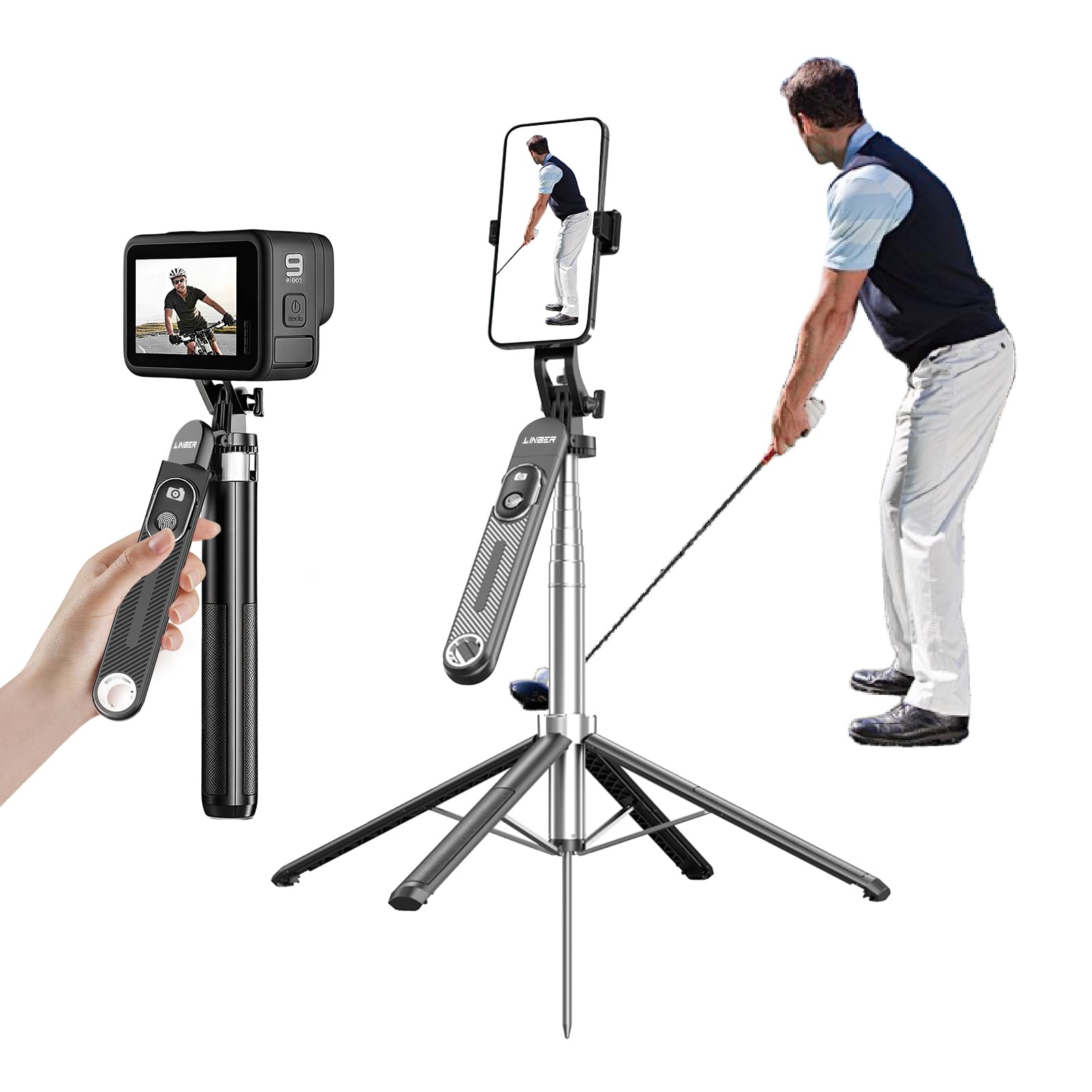 Linber 71" Phone Tripod With Stake, Portable Selfie Stick With Detachable Wireless Remote, 360° Rotatable Handle, Lightweight Tall Travel Tripod For Golf, Outdoor Use