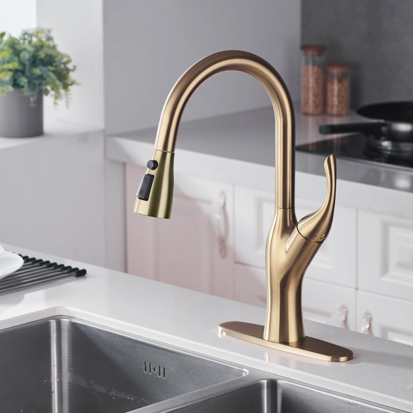 Clovermap Pull Down Kitchen Faucet Sprayer Head Replacement, 3 Function (Blade Spray) Pull Out Sink Spray Nozzle With 9 Adapters, Kitchen Tap Spray Spout Part Connector (Brushed Gold)