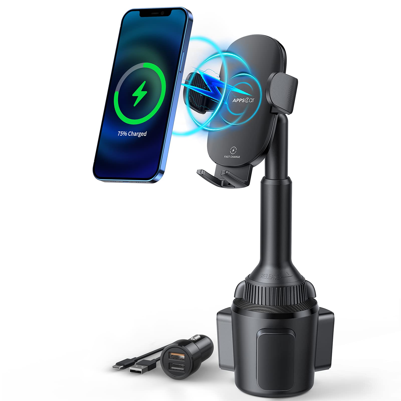 Apps2Car Car Cup Phone Holder Wireless Charger With Qc 3.0 Adapter, 15 Watt Qi Fast Charging, Compatible With Iphone 11/12/13/14/15/16/Pro/Max/Plus And Universal All Models Phone Holder
