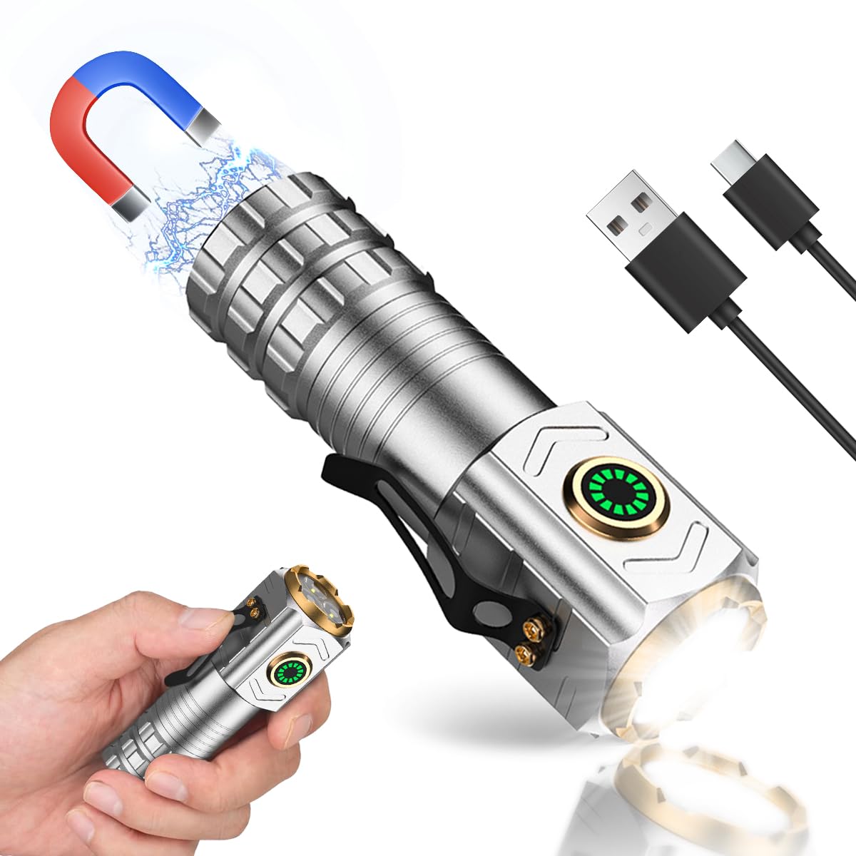 Gudoqi Pocket Flashlight With Clip, Mini Flashlight Rechargeable, Small Flashlights High Lumens, 5 Light Modes, Usb C Charging, Magnetic Flashlight For Edc, Hiking, Emergency, Silver