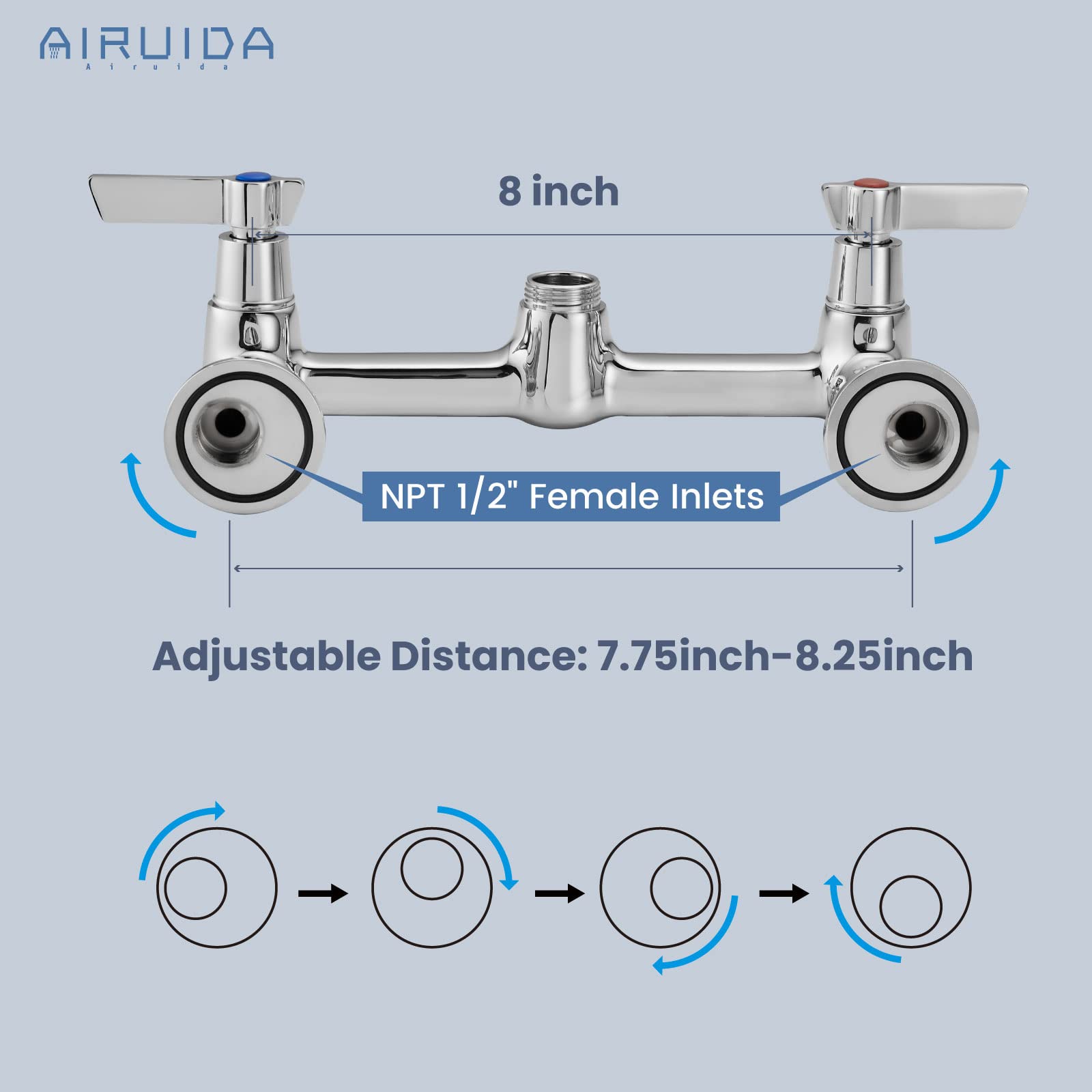 Airuida Wall Mount Kitchen Sink Faucet Wall Mounted Faucet 8 Inches Center Commercial Kink Tap 2 Handle Laundry Room Restaurant Compartment Sink Swivel Spout Without Adapters Chrome Polish
