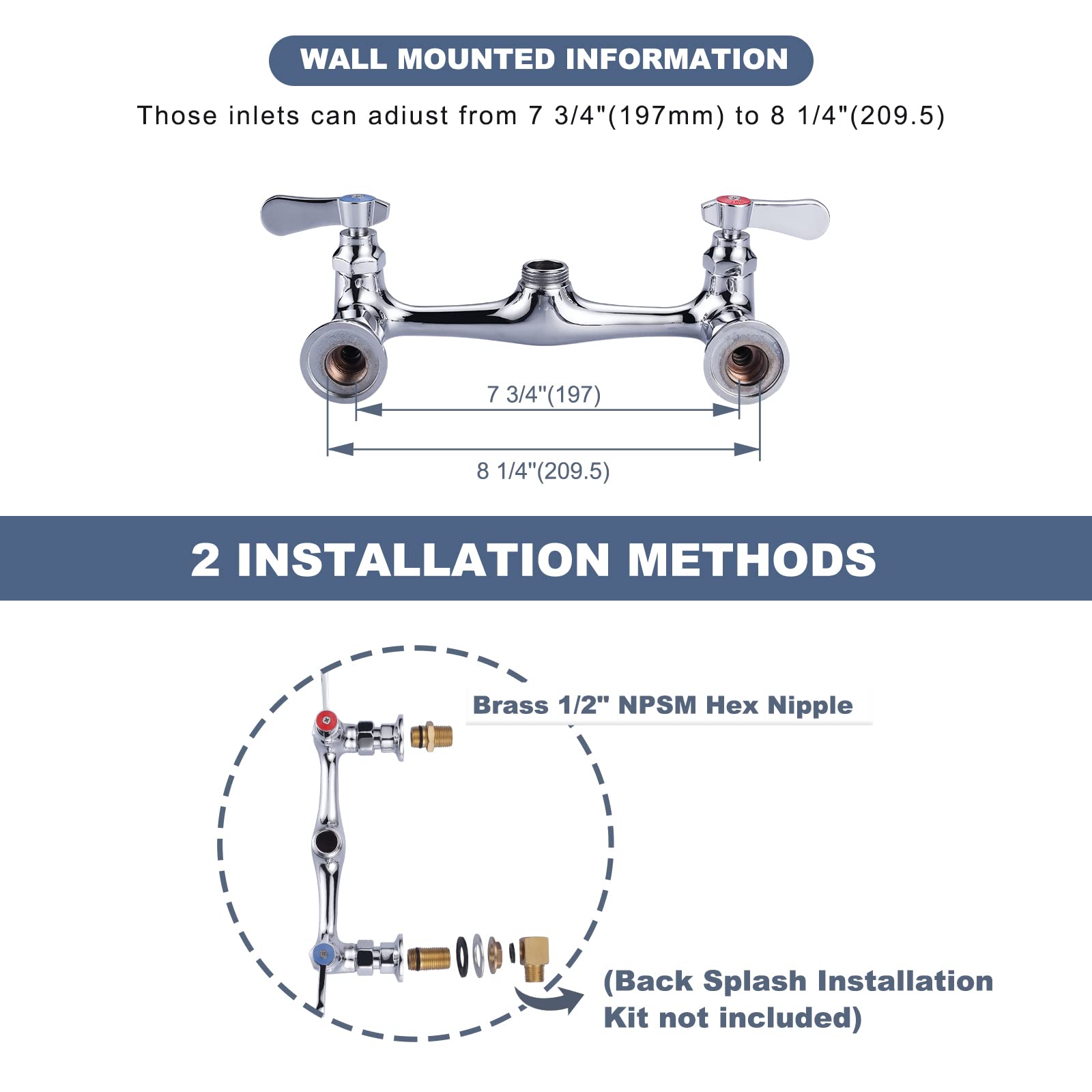 Iviga Commercial Sink Faucet With 8” Swivel Spout, 8" Center Wall Mount Kitchen Faucet, Dual Handles Brass Utility Sink Faucet For Laundry Room Restaurant Compartment Sink, Polish Chrome