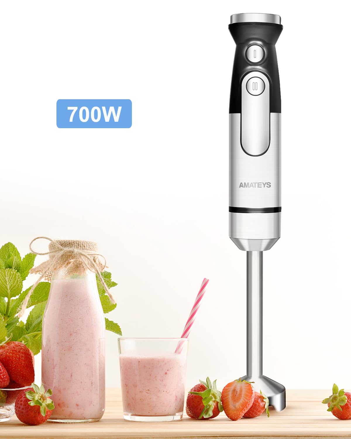 Amateys Handblender With Plug,Immersion Blender Handheld, Heavy-Duty Copper Motor, Detachable Stainless Blade Dishwasher Safe, 2 Modes With Pulse,Infinitely Variable Speed, Space-Saving Design