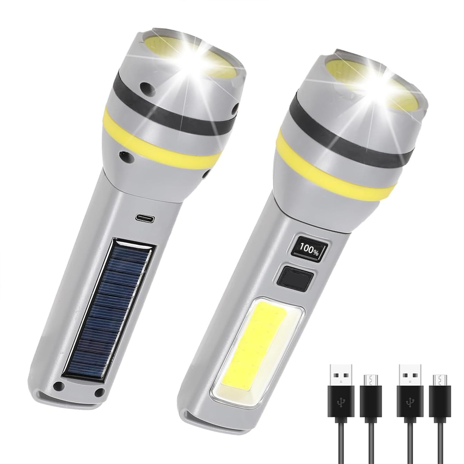 Hilngav 2 Pack Solar Flashlight, Rechargeable Led Flashlight, 500 Lumens Led Solar Powered Flashlights With Digital Display 1200Mah Battery Rechargeable Handheld Flashlights For Home Emergency Camping