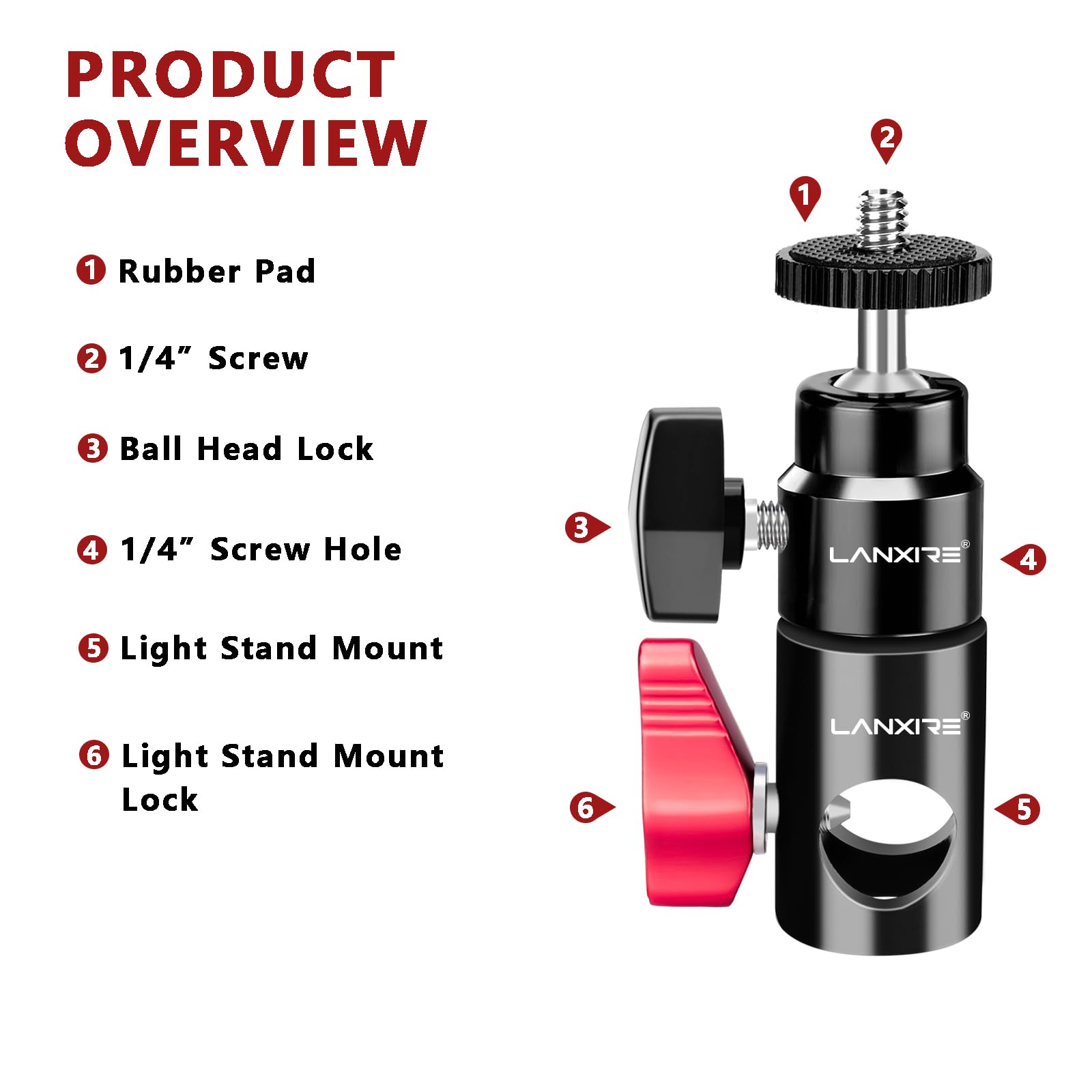 Lanxire Mini Ball Head Light Stand Mount Adapter With 1/4" Screw For Camera, Monitor & Ring Light, Quickly Converts For Flat Head Stands, Boom Arms, And C Stands