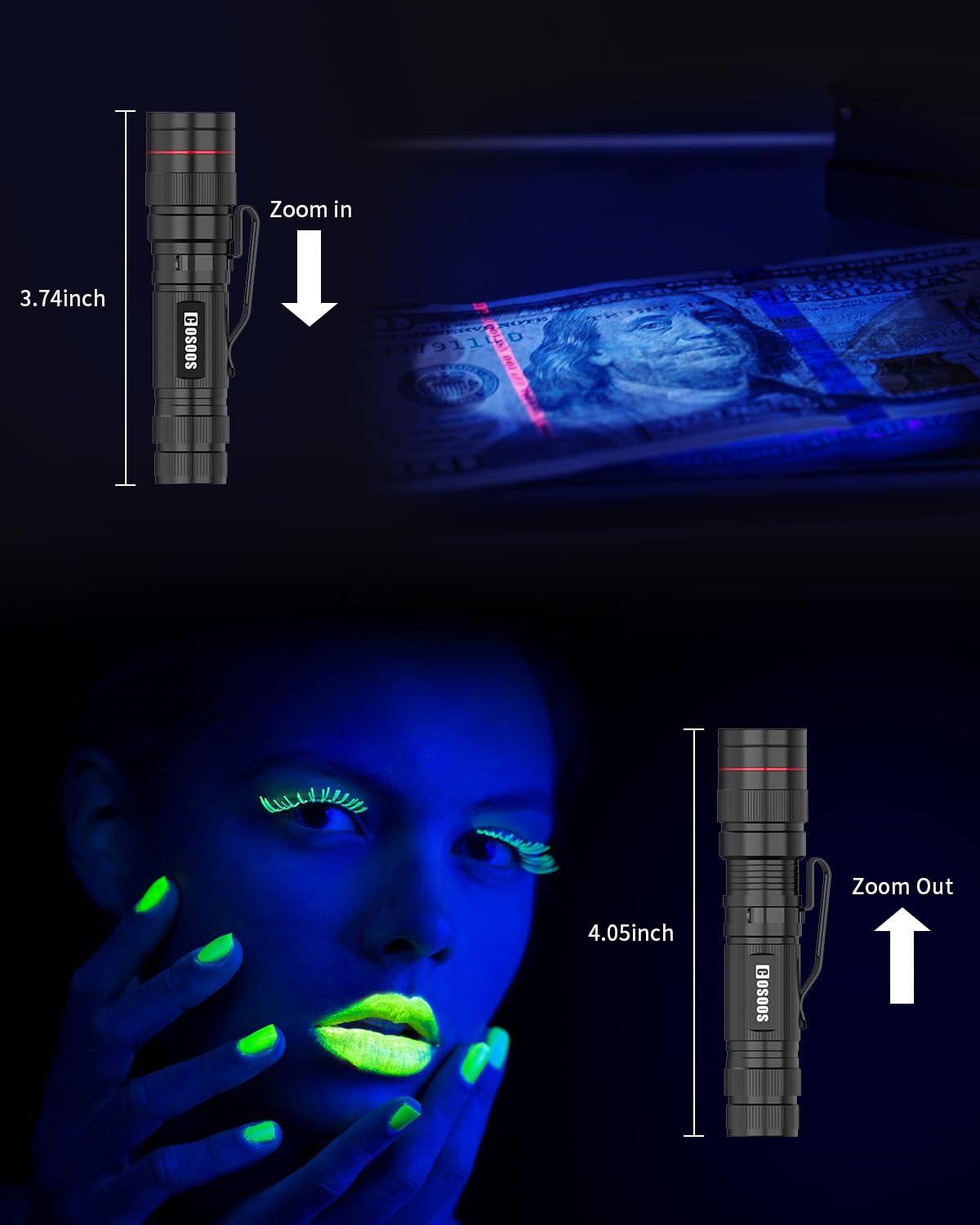 Cosoos 2 Pack Uv Flashlight, 395Nm Mini Black Light, Zoomable Small Torch Light, Portable Urine Detector For Dog/Cat/Pet Urine, Dry Stains, Bed Bugs, Scorpion