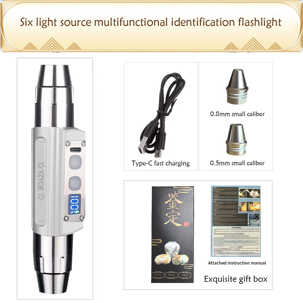 Yzyoe Six In One Jade Recognition Strong Light Flashlight, Led Outdoor Mineral Gemstone Crystal Beeswax Detection Light, White Yellow Red Blue Light 395Nm And 365Nm Uv Multi Source Flashlight.