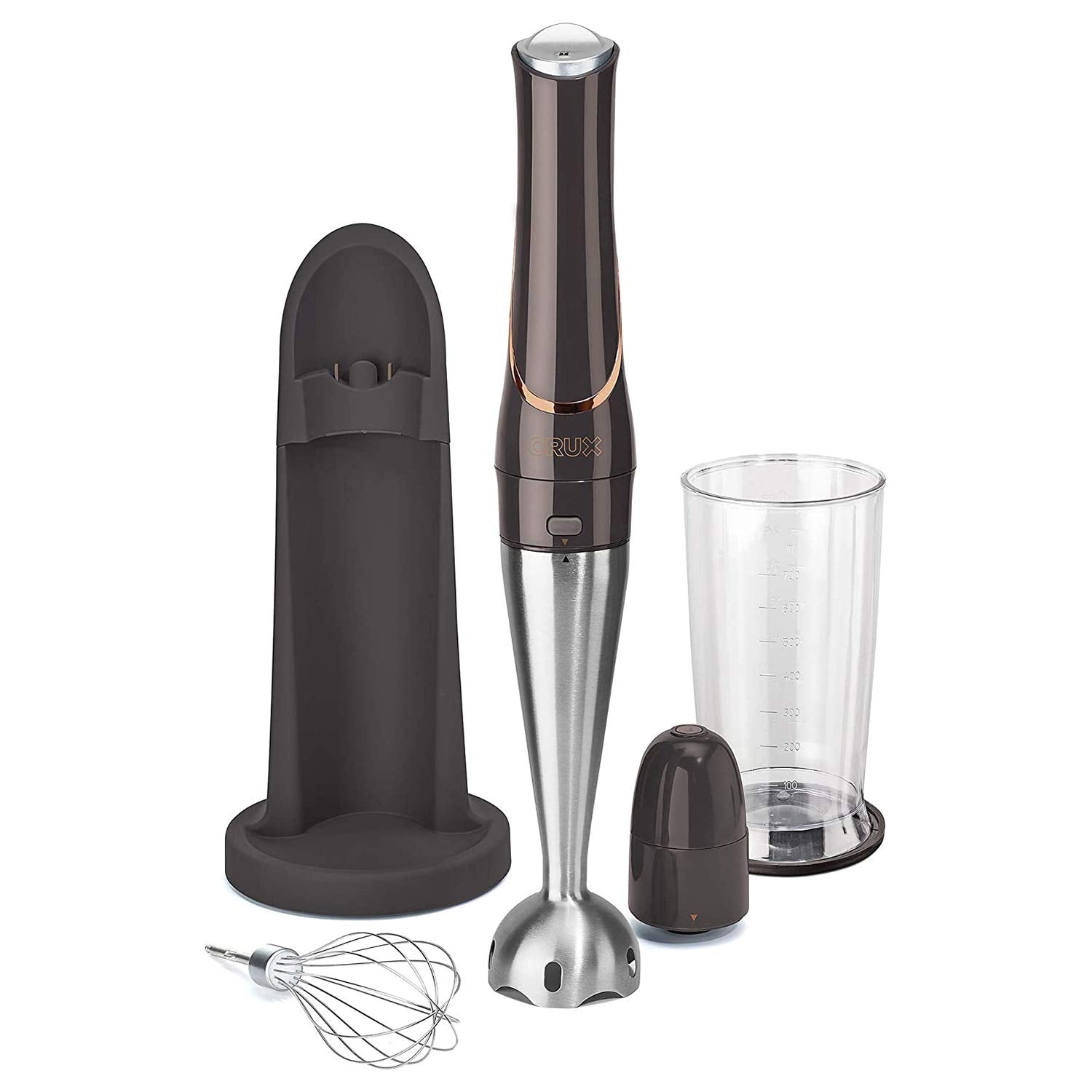 Crux Cordless Hand Immersion Blender, 7.5 Inch Blending Arm, Mix, Whip, Puree Sauces/Soups, Rechargeable, Easy To Clean, Dishwasher Safe Removeable Parts, Stainless Steel/Black, 14790