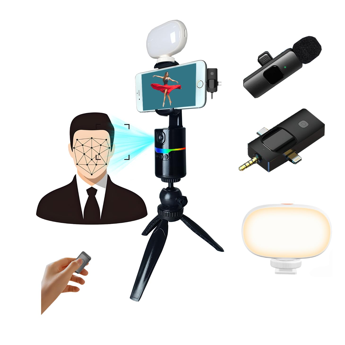 Litchitech Auto Face Tracking Tripod 360 Rotation With Stand, Vlogging Kit For Iphone Andriod Phone,Content Creator Essentials,Smart Follow Phone Holder,With Light/Remote/Wirlessmic
