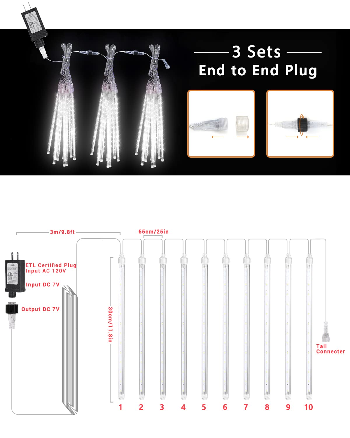 Flacchi White 10 Tube 240 Led Raindrop Meteor Shower Icicle Lights With Timer Function For Holiday Party Christmas Decorations