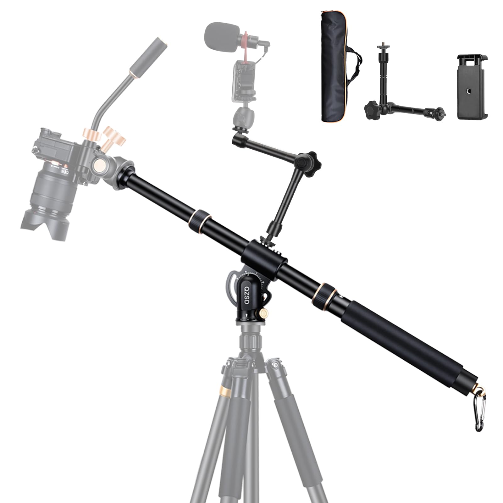 Qzsd 41" Aluminum Tripod Extension Arm Retractable Horizontal Center Column Arm With 1/4'' And 3/8'' Scerws, 360° Rotatable For Overhead, Multi-Angle Photography,Load Up To 33Lbs,Tripod Not Included