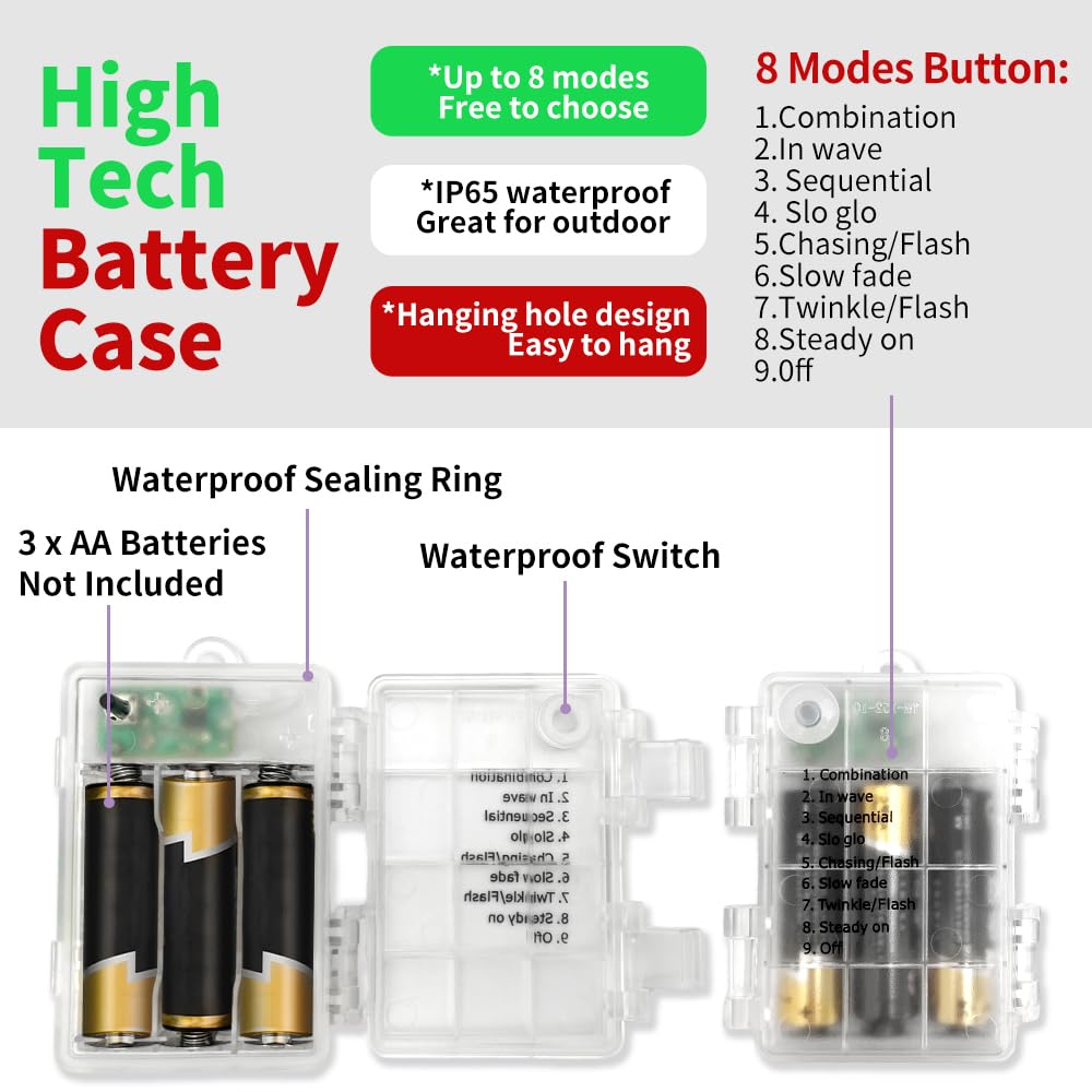 Renoliss Red White Green Real Christmas Flavor Colors 2 Pack Each 16.4Ft 60 Led Battery Operated Tree Lights String Indoor Outdoor With Timer 8 Modes Clear Wire Xmas Light House Garden Decoration