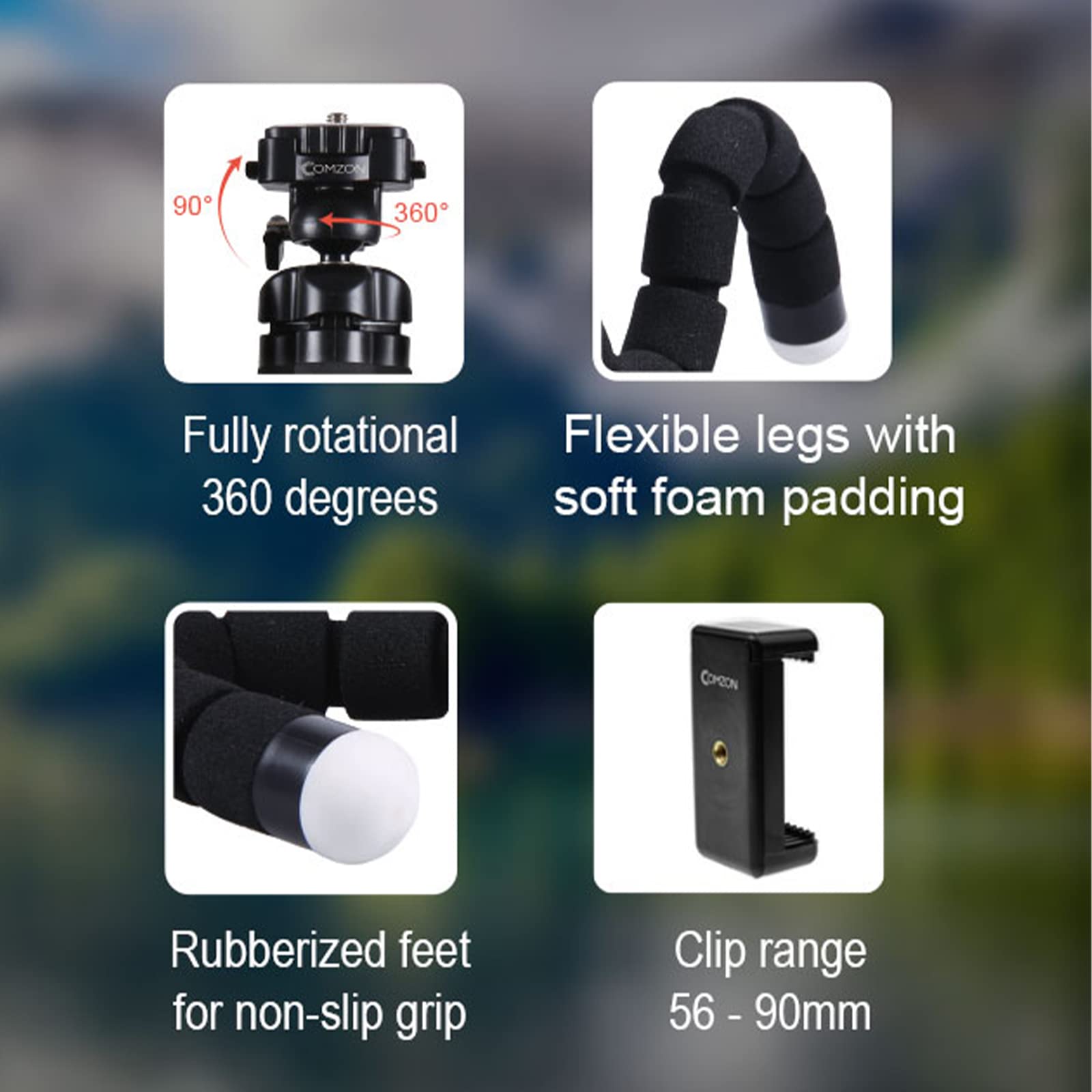 Comzon Tripod For Phone, Octopus Foam Legs Tripod For Camera, Compatible With Iphone/Smartphone/Dslr/Gopro/Digital Camera, Comes With Gopro Adapter/Phone Holder
