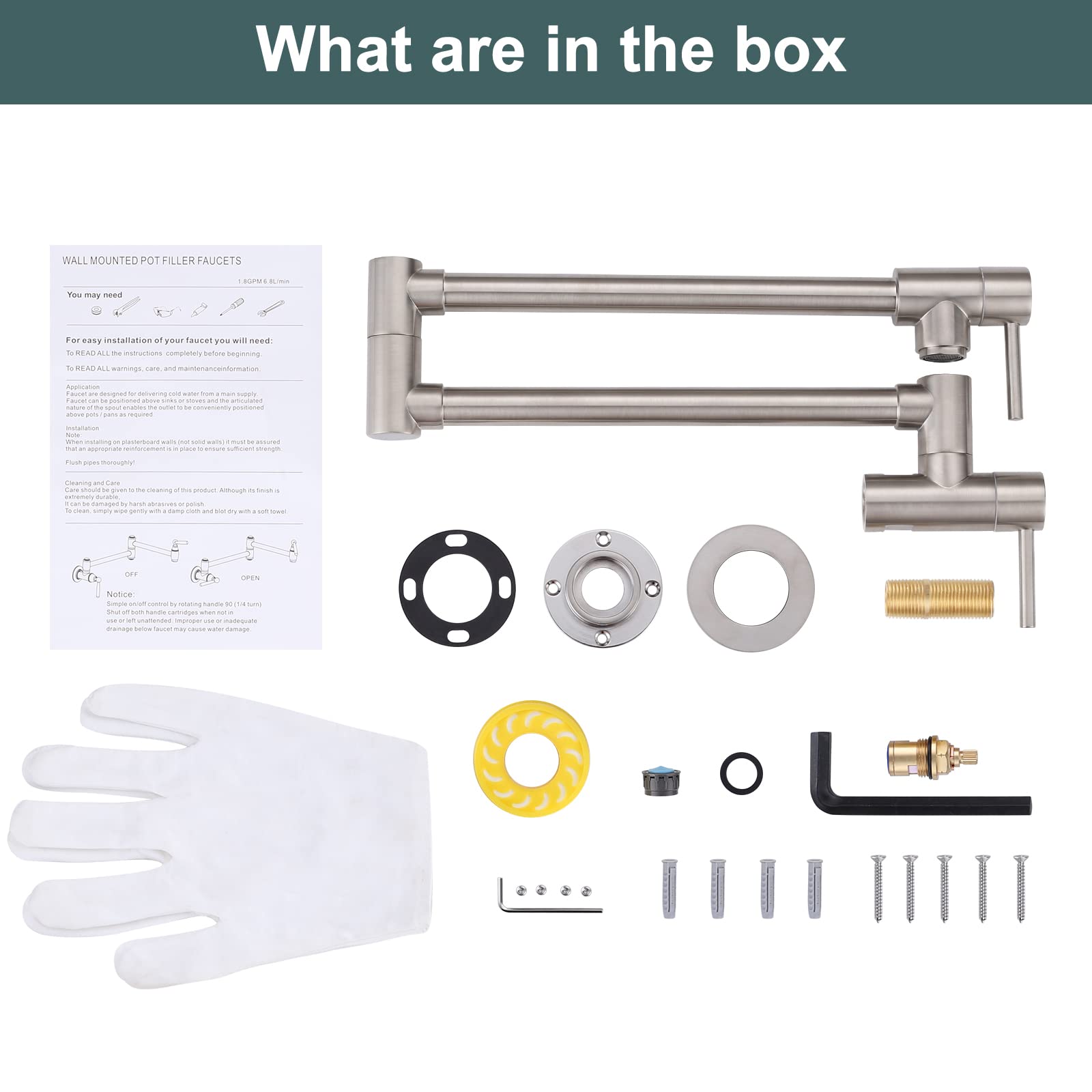 Aleasha Brass Made Pot Filler Faucets, Brushed Nickel Kitchen Sink Pot Filler, Wall Mount Folding Kitchen Pot Filler Faucet, Retractable Single Hole Pot Filler With Two Handles For Sink Stove