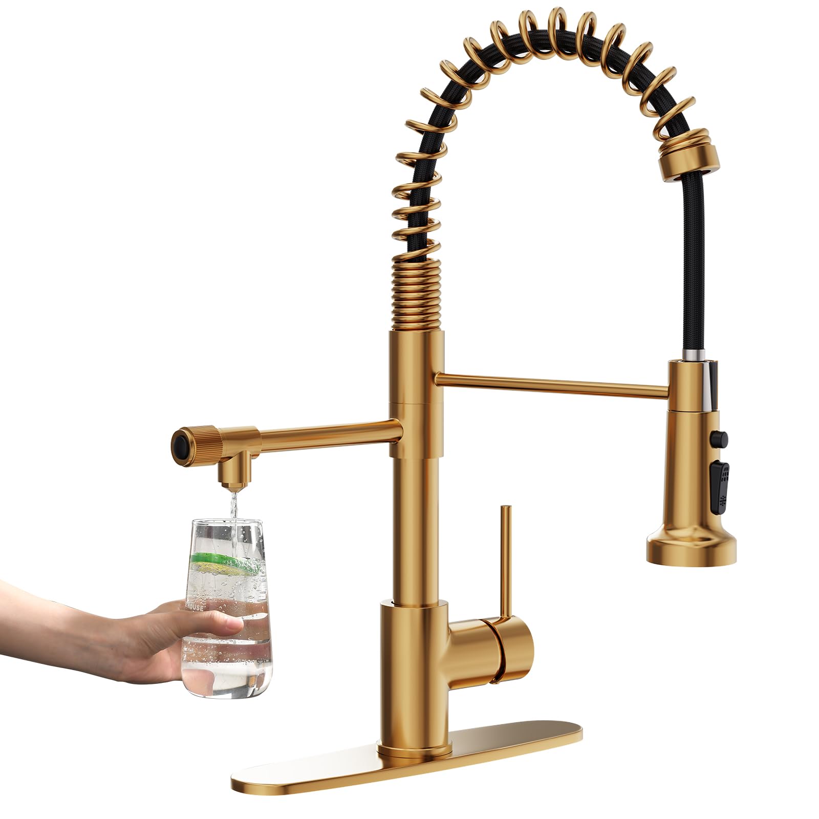 Gimili Brushed Gold Drinking Water Faucet 3 In1 Commercial Style Pull-Down Single Handle Filter Kitchen Faucet For Water Filtration System,Without Water Filtration Device