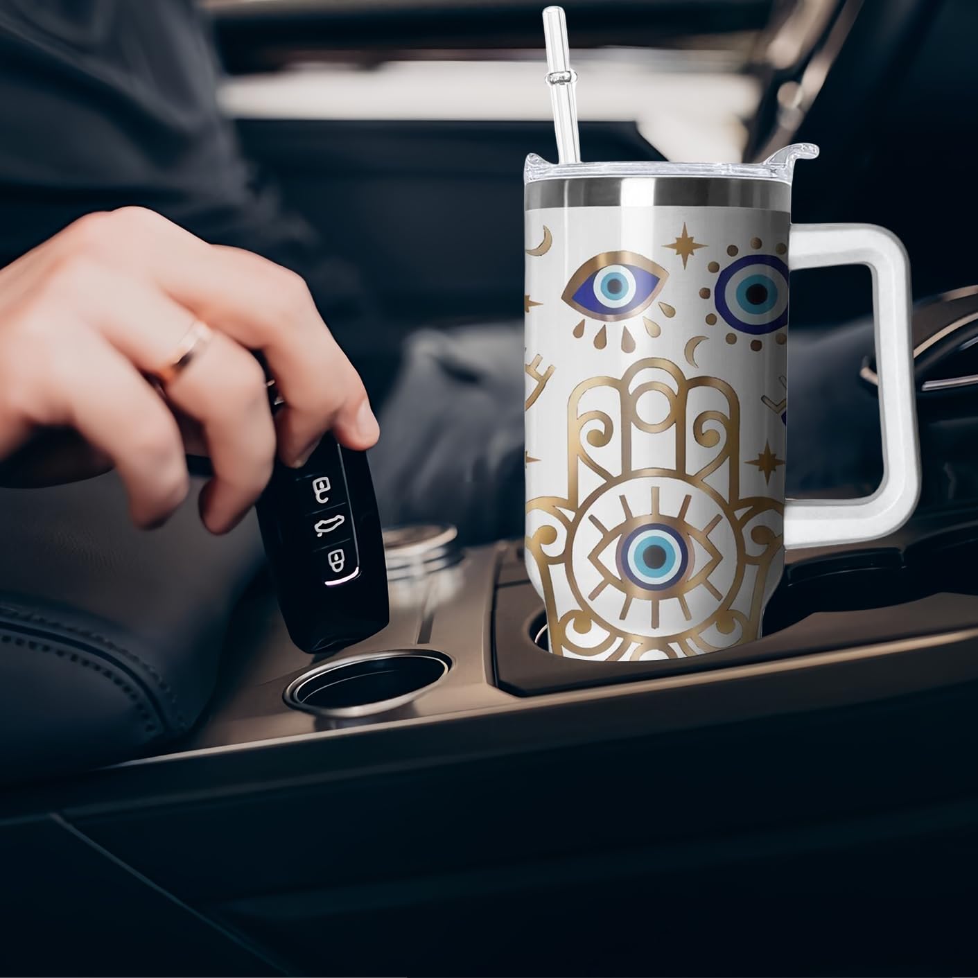 40Oz Evil Eye Tumbler With Handle And Flip Straw, Evil Eyes Hand Stainless Steel Insulated Cup