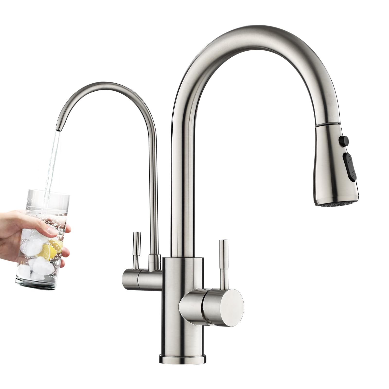 Rovogo Kitchen Sink Faucet With Filtered Water Spout, Dual Handle Single Hole High Arc Faucet With Pull Down Sprayer, Stainless Steel, Brushed