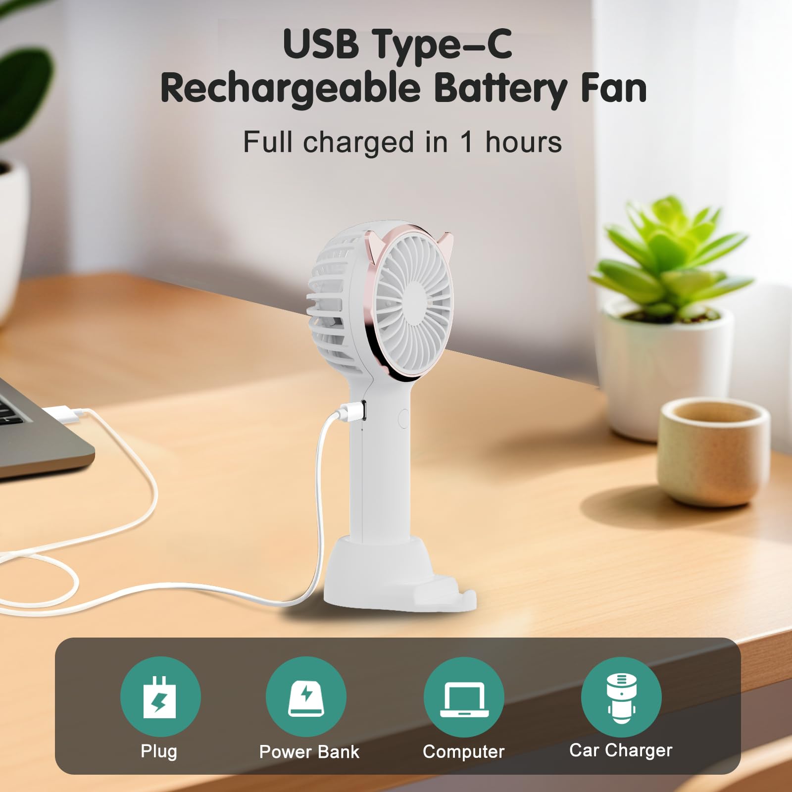 Handheld Fan Mini Portable Fan, Usb Desk Fan With Base As A Phone Holder, Cat Ear Design Battery