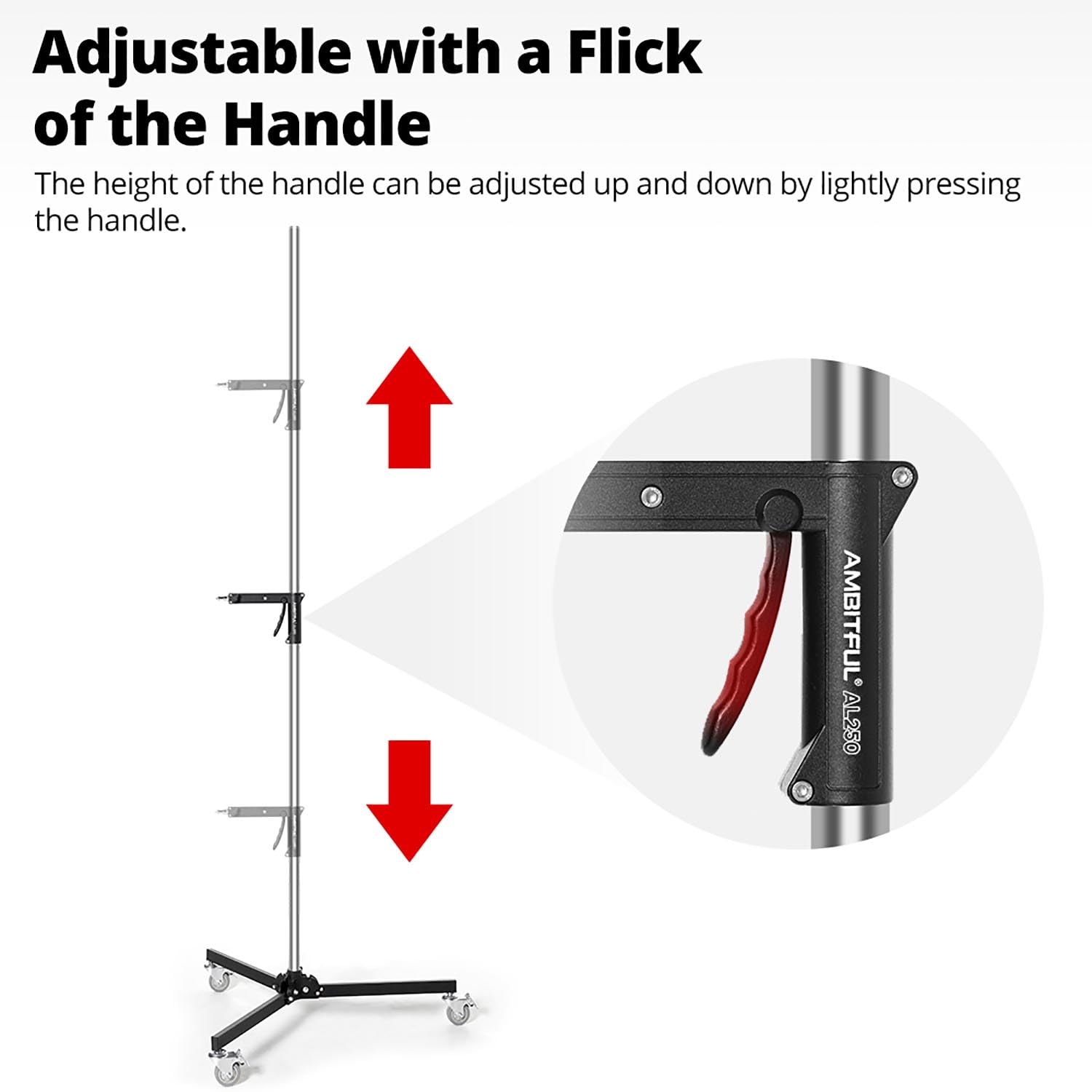 Ambitful Al250 Steel Wheeled Mobile Heavy Duty Light Stand For Photography W/Sliding Grip Arm & Chrome-Plated Column Stand, Maxsuitable For Studio Camera, Monolight, Softbox, Umbrella
