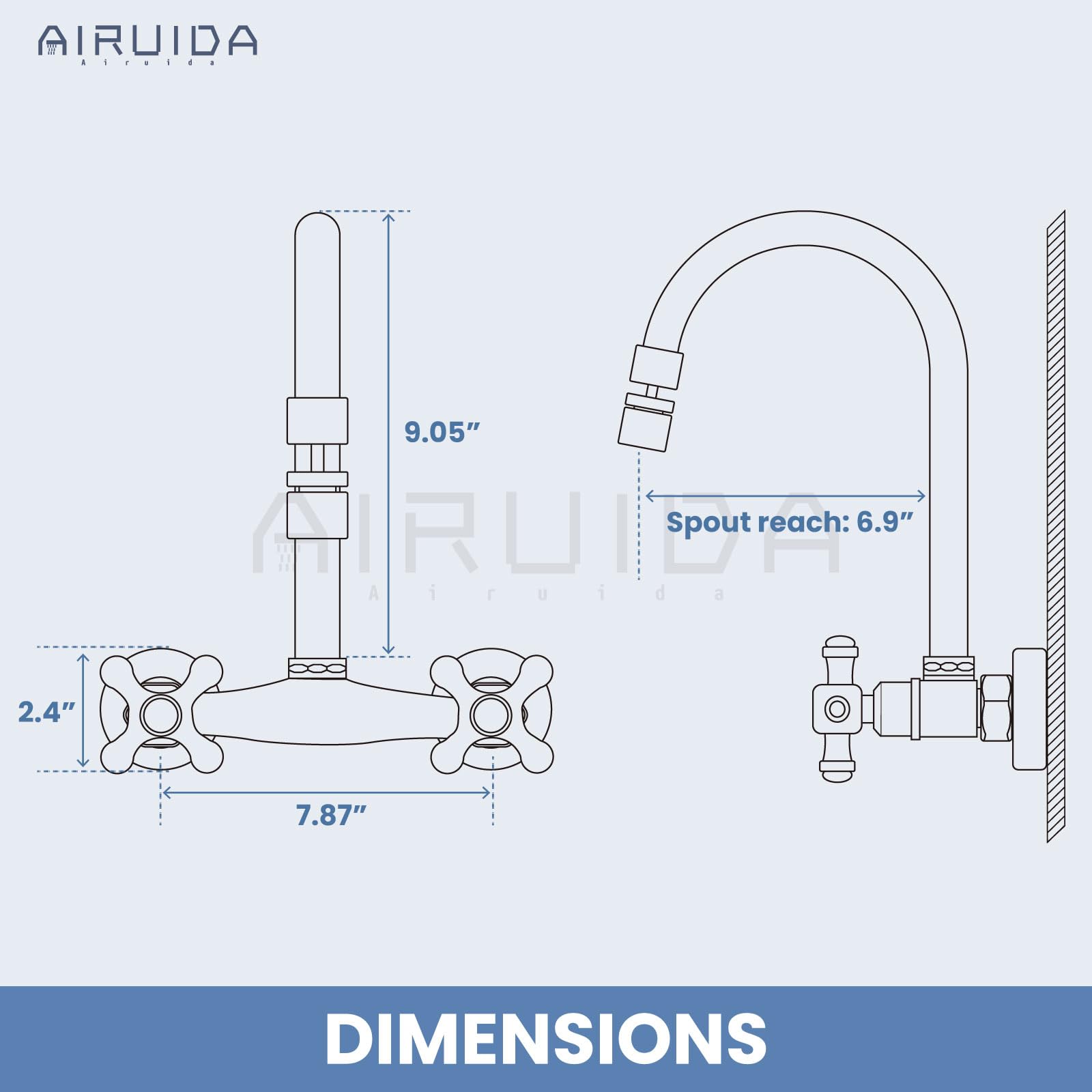 Airuida Wall Mount Kitchen Faucet With Sprayer Wall Mounted Kitchen Sink Faucet Double Cross Handles 360 Degree Swivel Spout Restaurant Mixer Tap Commercial 8 Inch Center Matte Black