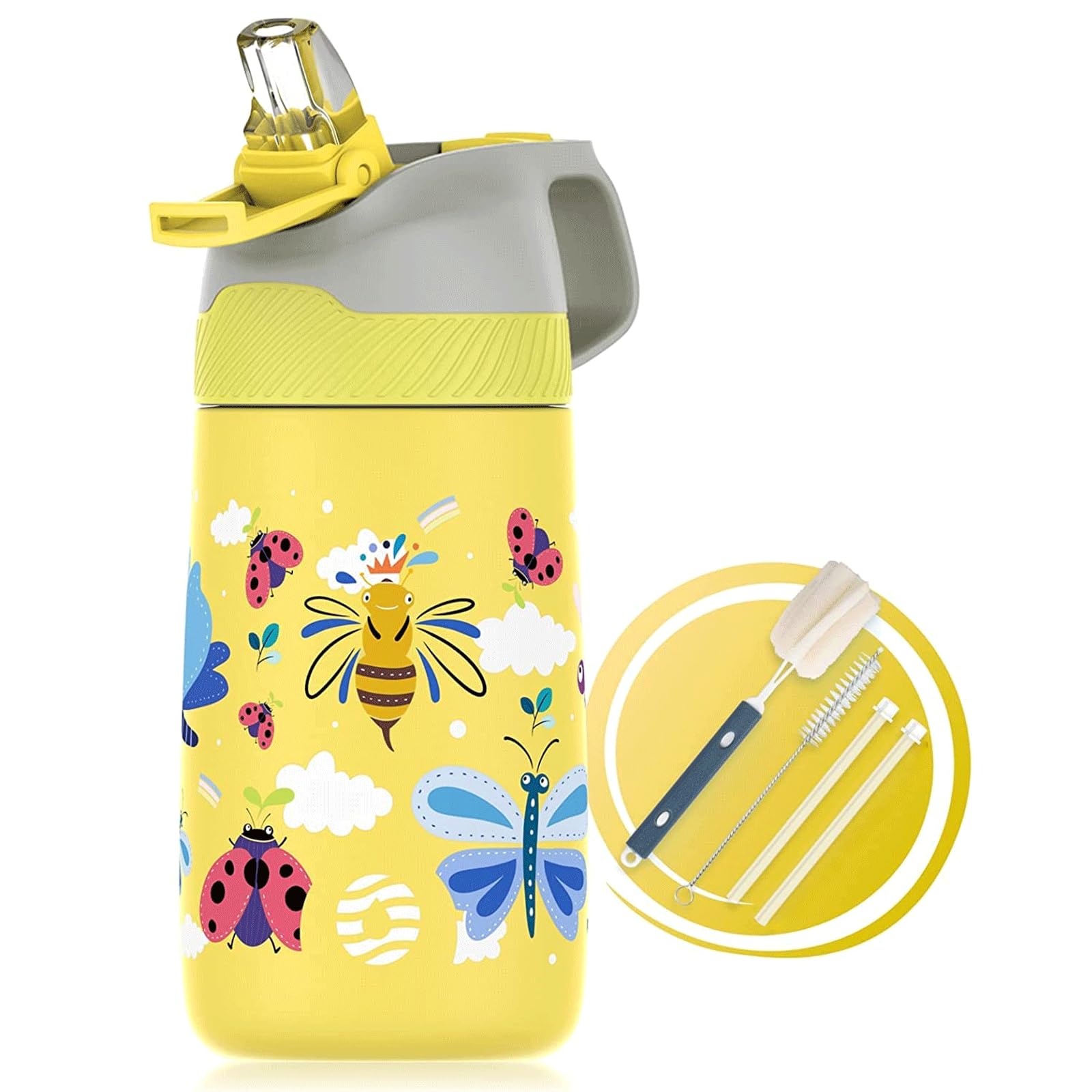 Kids Water Bottle For School, One-Click Open Stainless Steel Insulated Water Bottle With Straw Lid