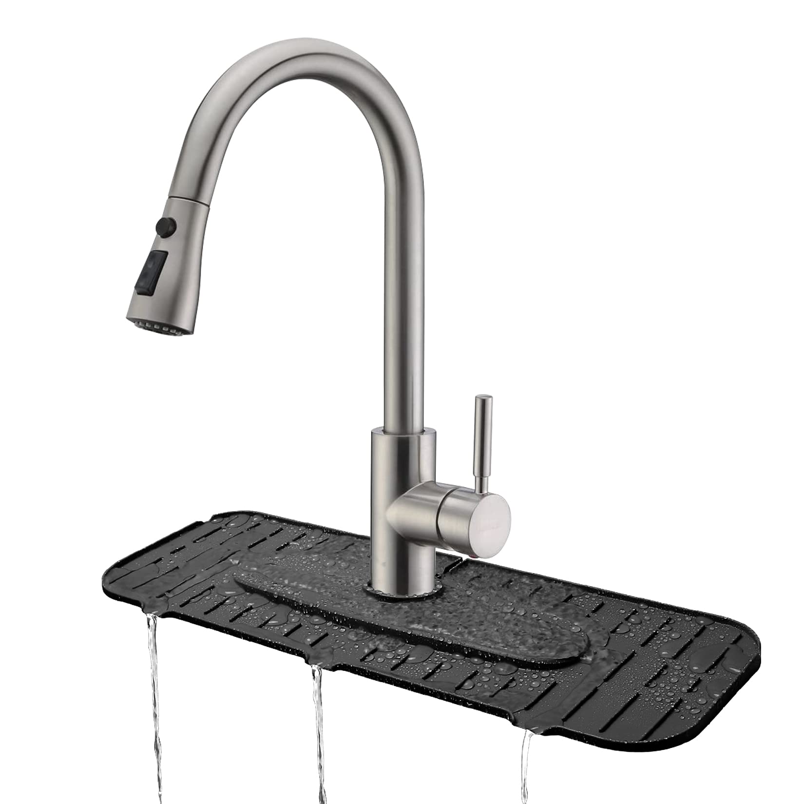 Kingmall Silicone Faucet Mat, Kitchen Faucet Mat For Drip Catcher, 100% Food Grade Silicone, Black, Deck Mount, Single Hole, Reusable, For Faucets With 1Cm(0.4 Inch) Deck Plate