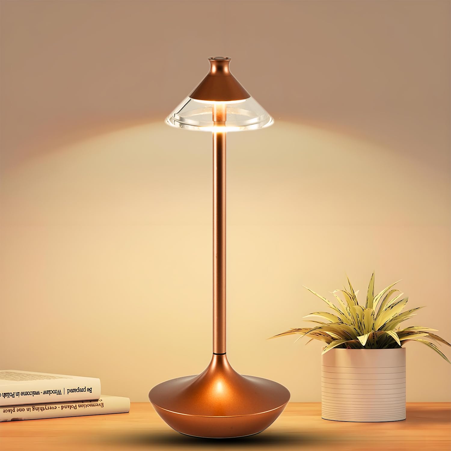 Atvsalf Rechargeable Cordless Touch Lamps,Battery Powered Lamp 3 Level Dimmable Table Lamp In Aluminium 3000K Rose Gold Touch Lamps For Bedroom/Bedside Lamp/Desk-004