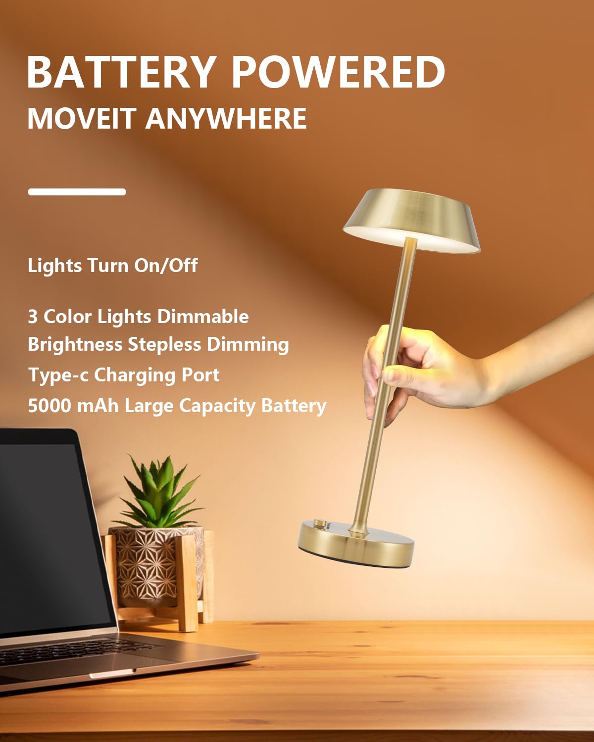 Snotme Cordless Table Lamp, 3 Colors Stepless Dimming,5000Mah Battery Operated Touch Lamp,Portable Led Desk Lamp,Small Table Lamp For Bedroom/Couple Dinner/Desk/Cafe/Dining Room/Terrace (Gold)